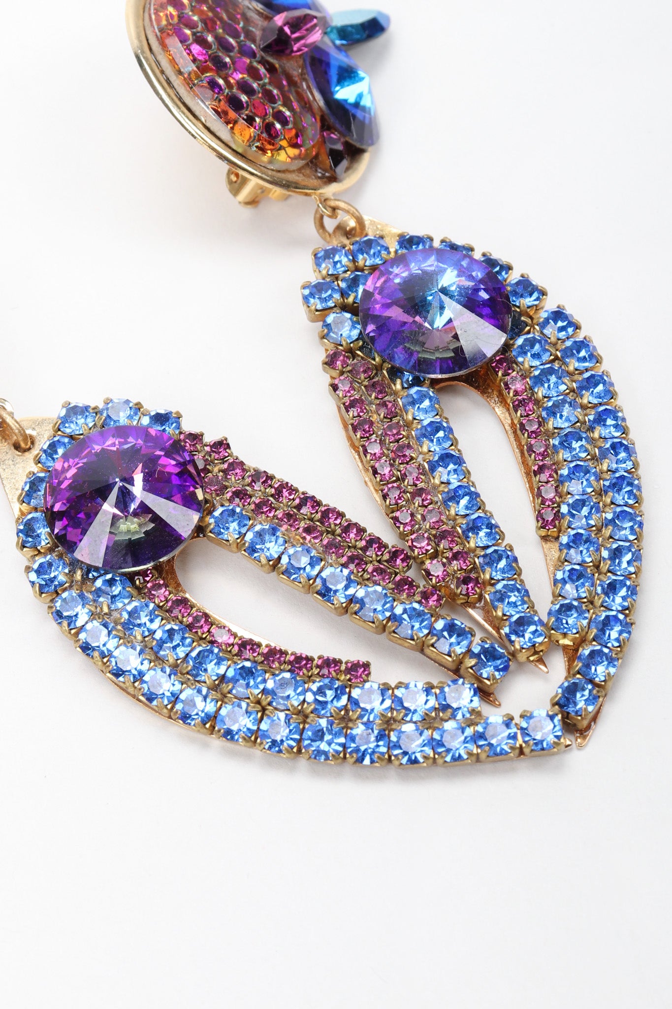 Recess Los Angeles Vintage Michele Sugar Iridescent Meridian Blue Crystal Rhinestone Claw Earrings