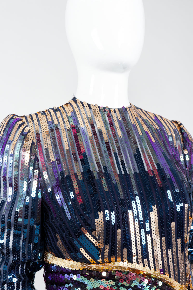 Vintage Mignon Midnight Sequined Column Gown on Mannequin neckline  at Recess Los Angeles