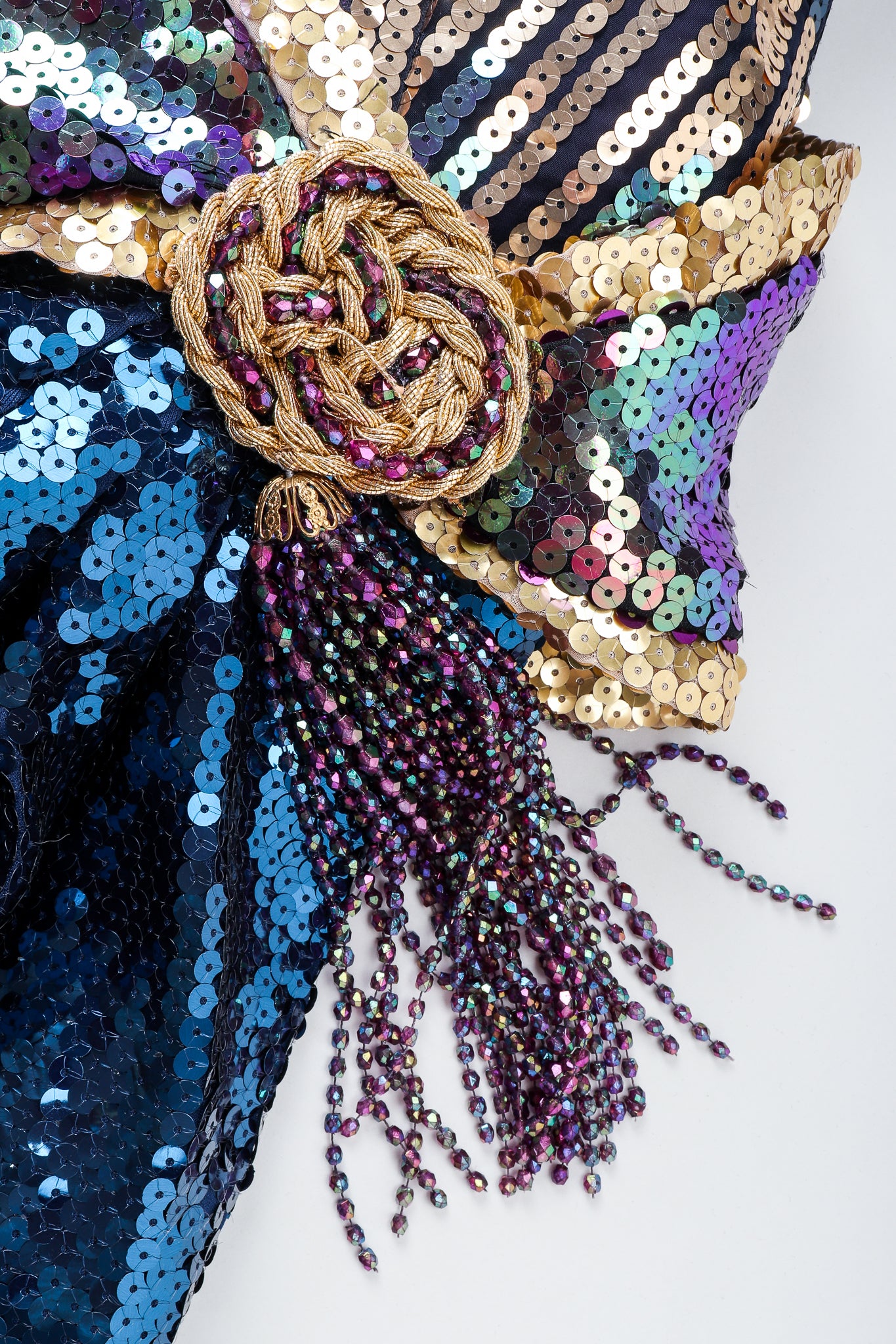 Vintage Mignon Midnight Sequined Column Gown Waist Tassel Detail
