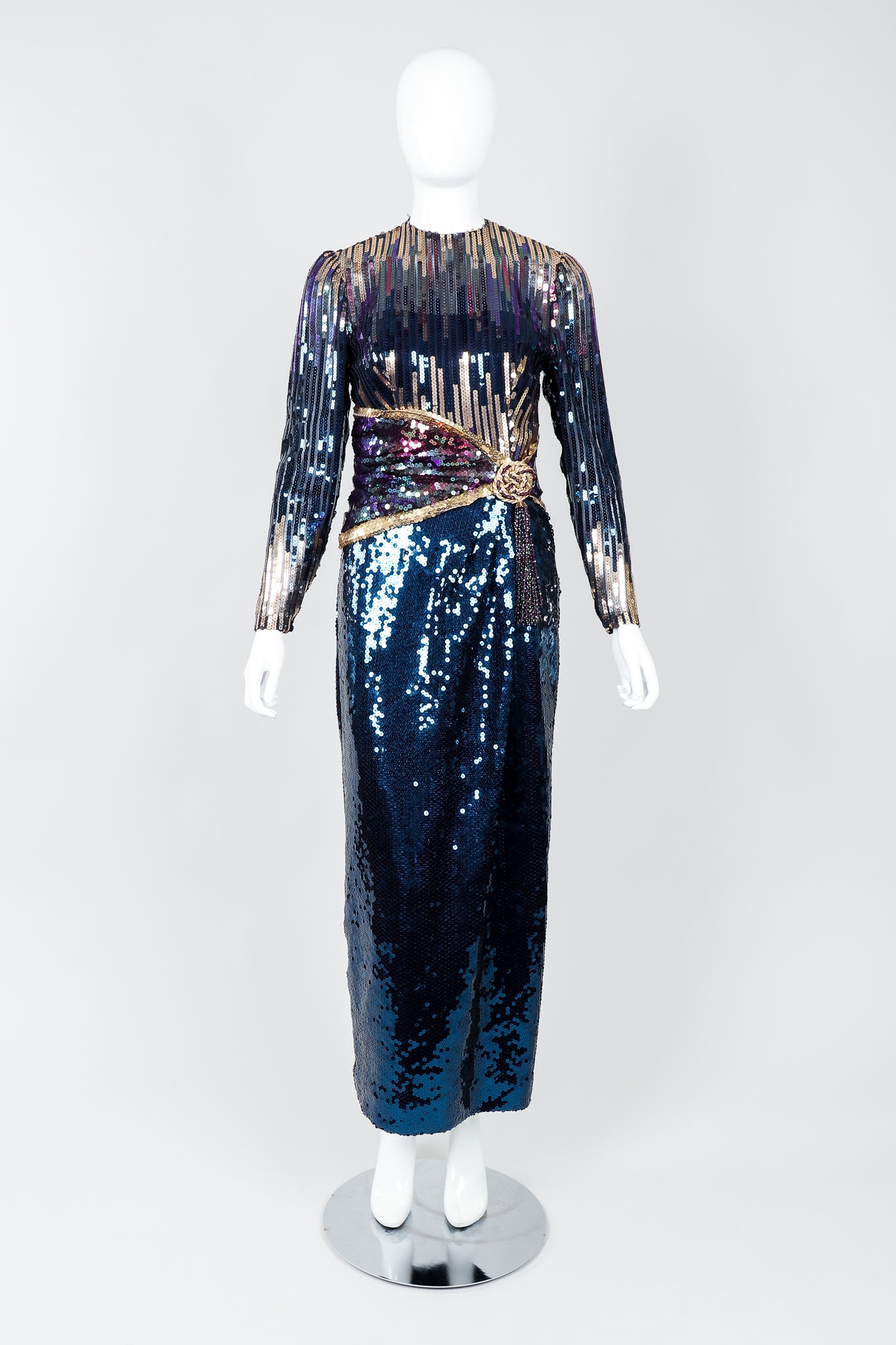 Vintage Mignon Midnight Sequined Column Gown on Mannequin front at Recess Los Angeles