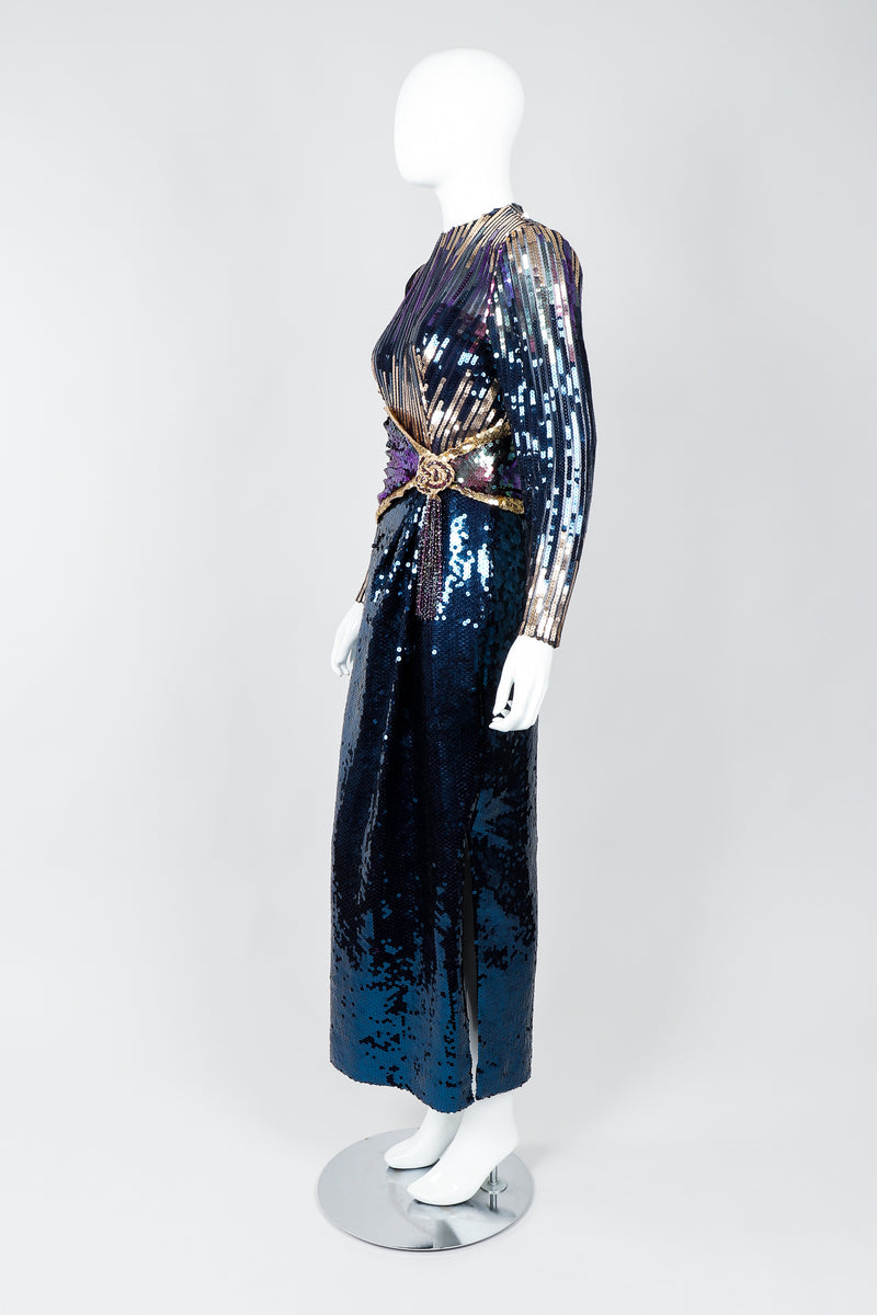 Vintage Mignon Midnight Sequined Column Gown on Mannequin side at Recess Los Angeles
