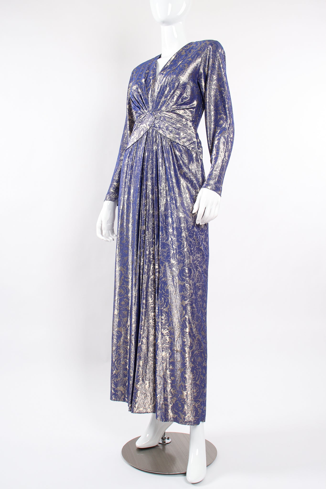 Vintage Mignon Rose Brocade Waist Wrap Dress on Mannequin angle at Recess Los Angeles