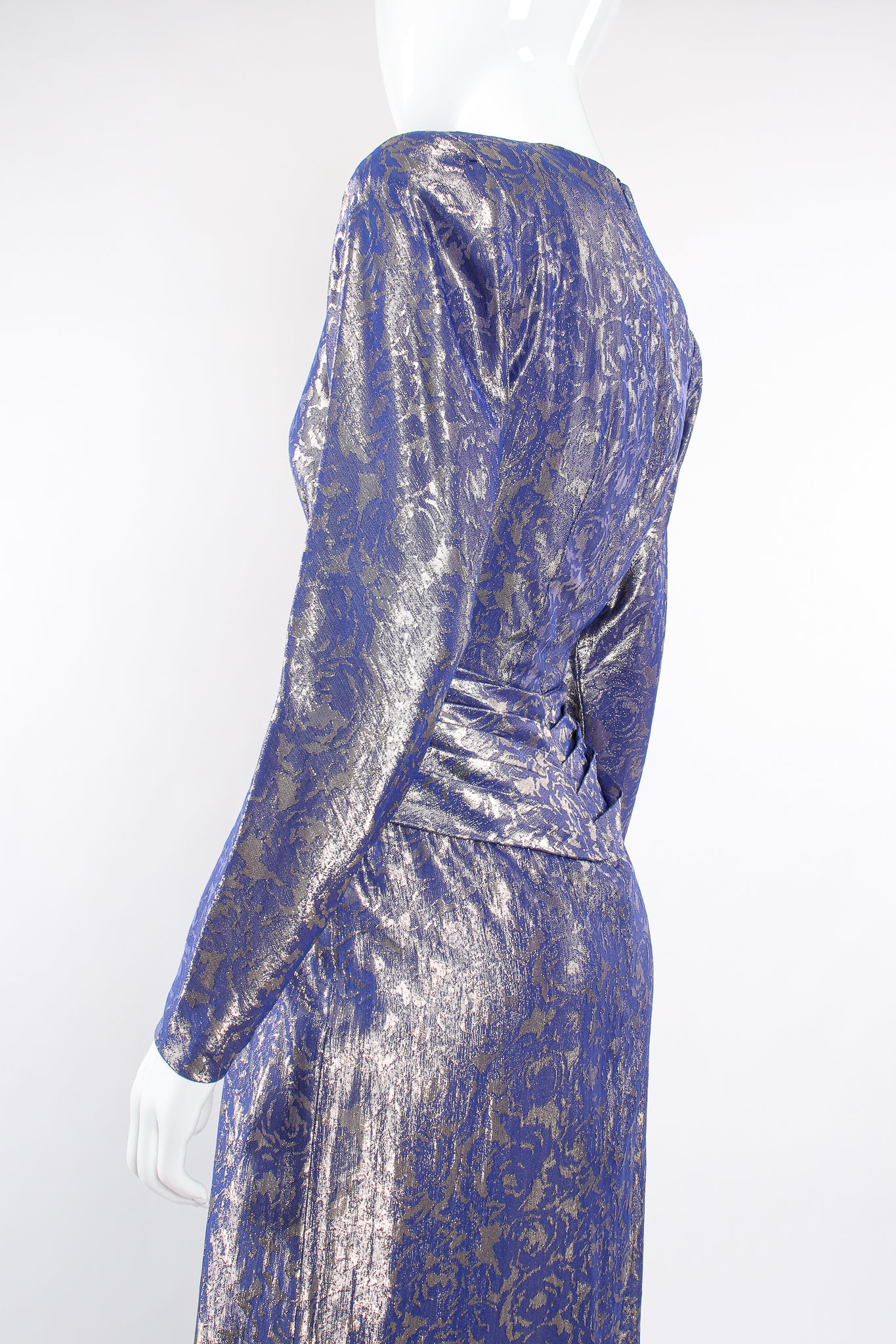 Vintage Mignon Rose Brocade Waist Wrap Dress on Mannequin back angle at Recess Los Angeles