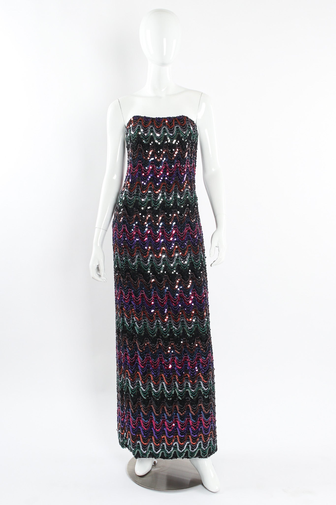 Vintage Mike Benet Dark Rainbow Sequin Column Dress mannequin front @ Recess LA