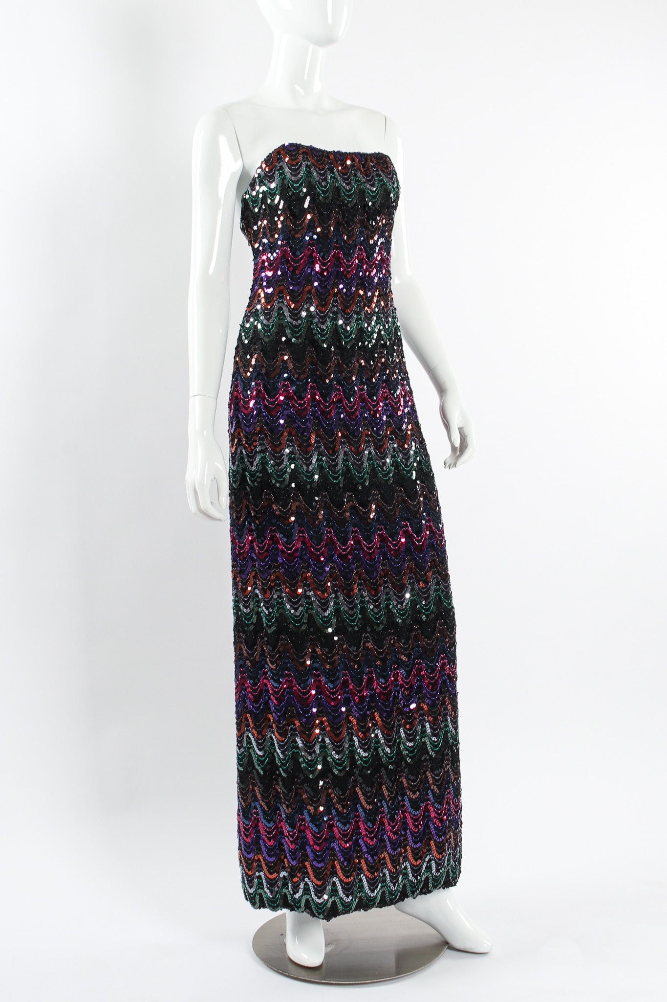 Vintage Mike Benet Dark Rainbow Sequin Column Dress mannequin front angle  @ Recess LA