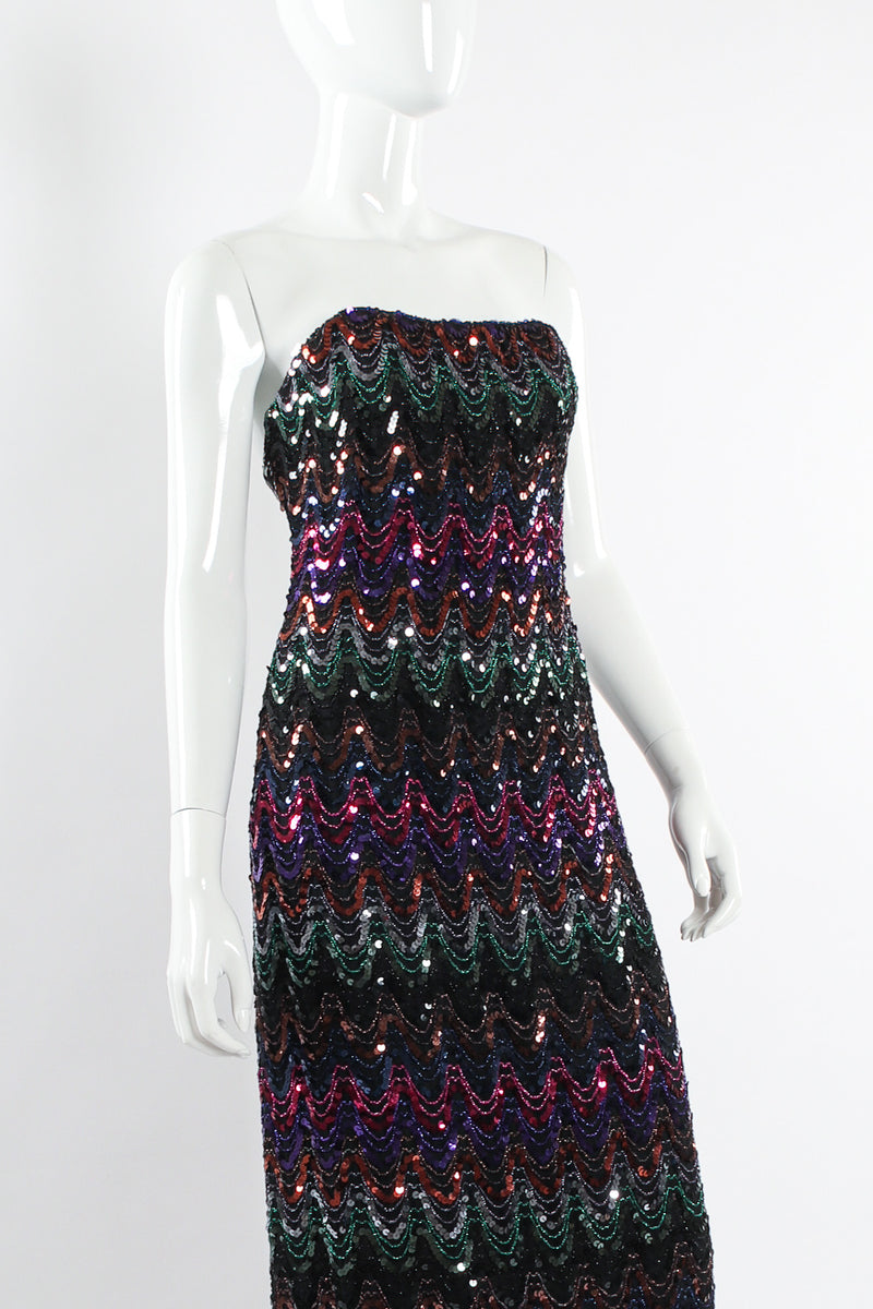 Vintage Mike Benet Dark Rainbow Sequin Column Dress mannequin close angle @ Recess LA