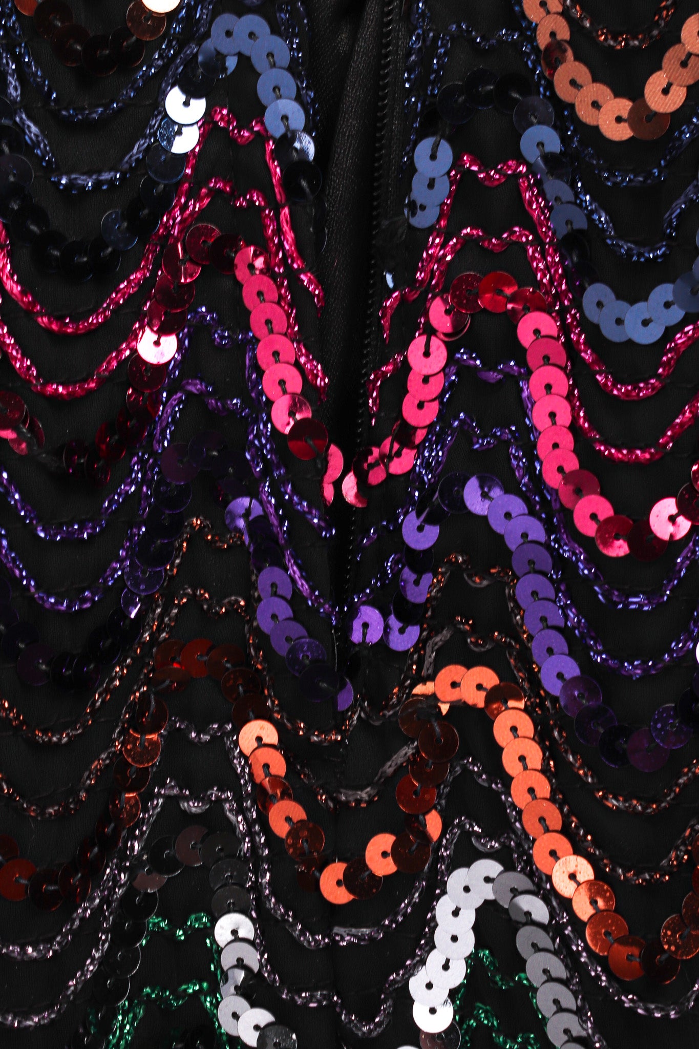 Vintage Mike Benet Dark Rainbow Sequin Column Dress back zipper opening @ Recess LA