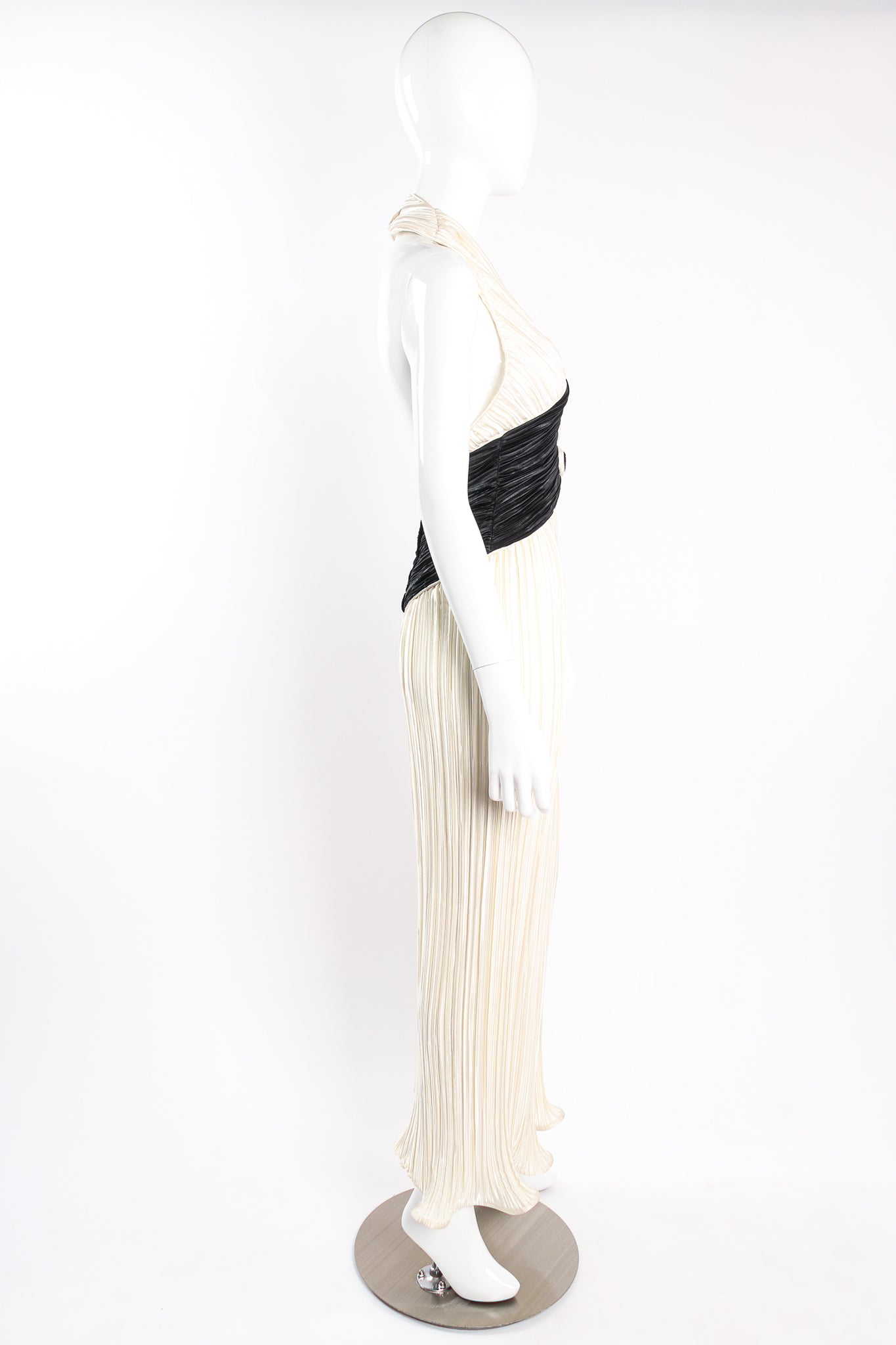 Vintage Milli Pleated Halter Sheath Gown Set on Mannequin side at Recess Los Angeles