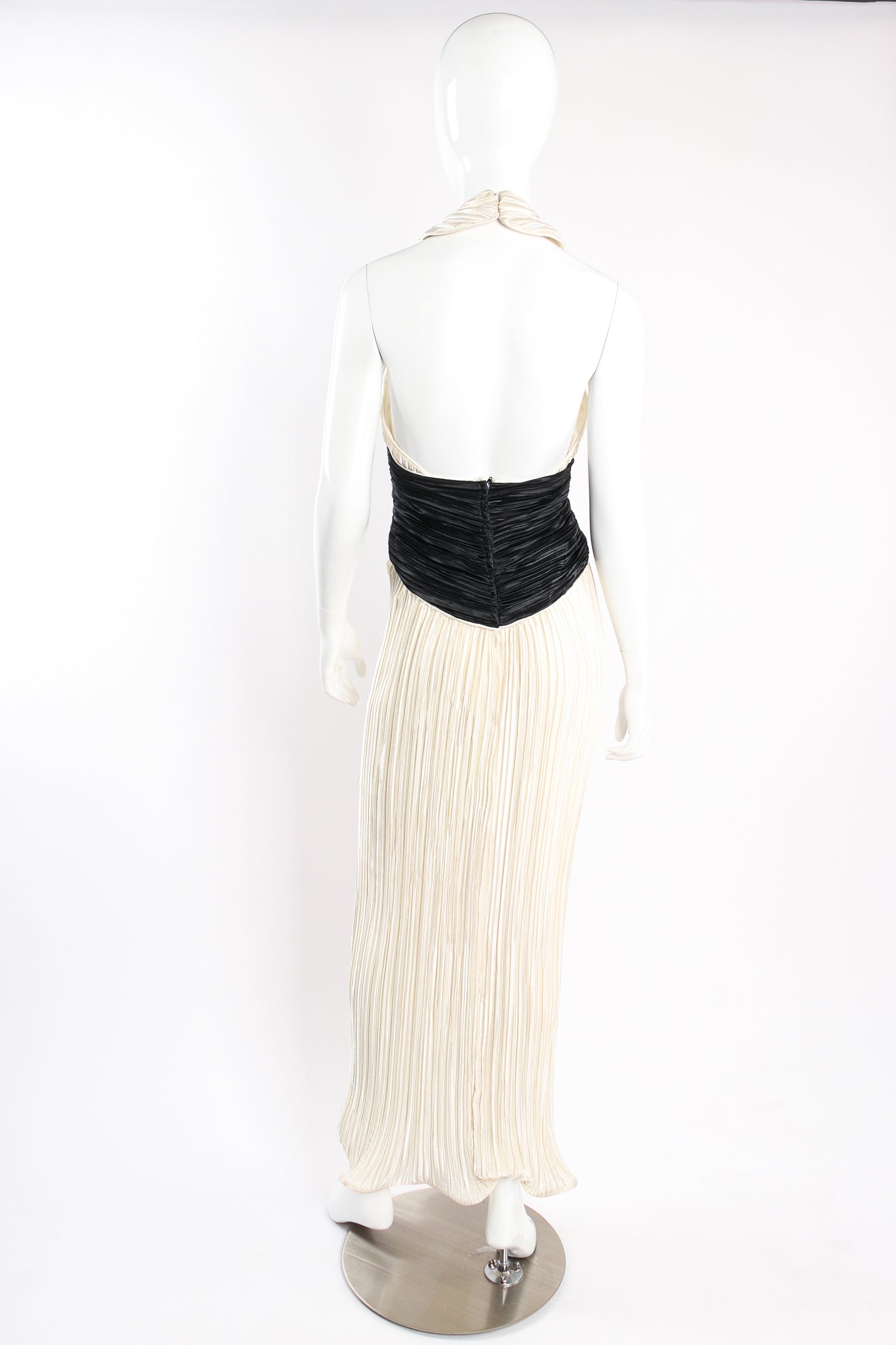 Vintage Milli Pleated Halter Sheath Gown Set on Mannequin back at Recess Los Angeles