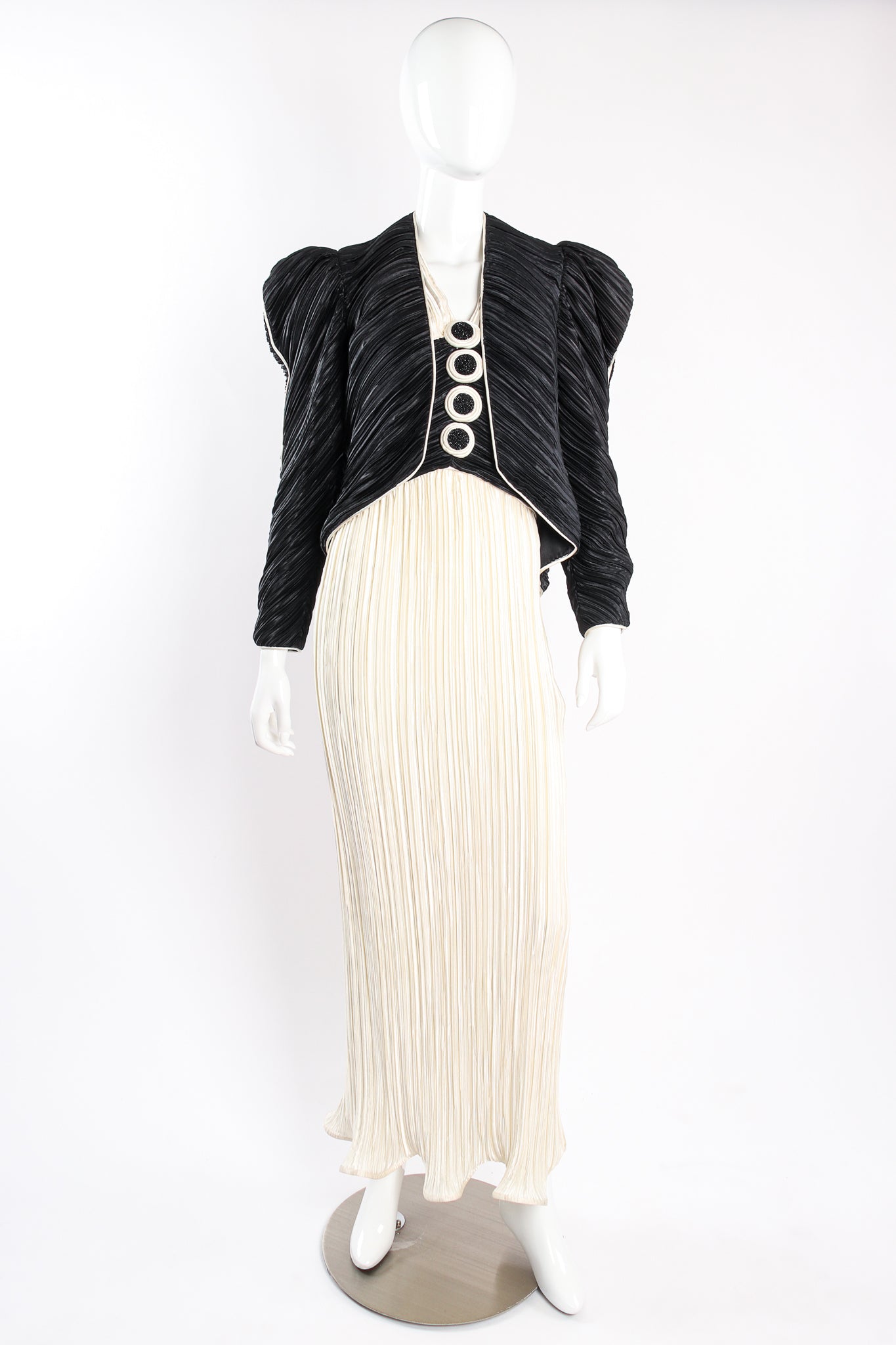 Vintage Milli Pleated Halter Sheath Gown & Jacket Set on Mannequin front at Recess Los Angeles