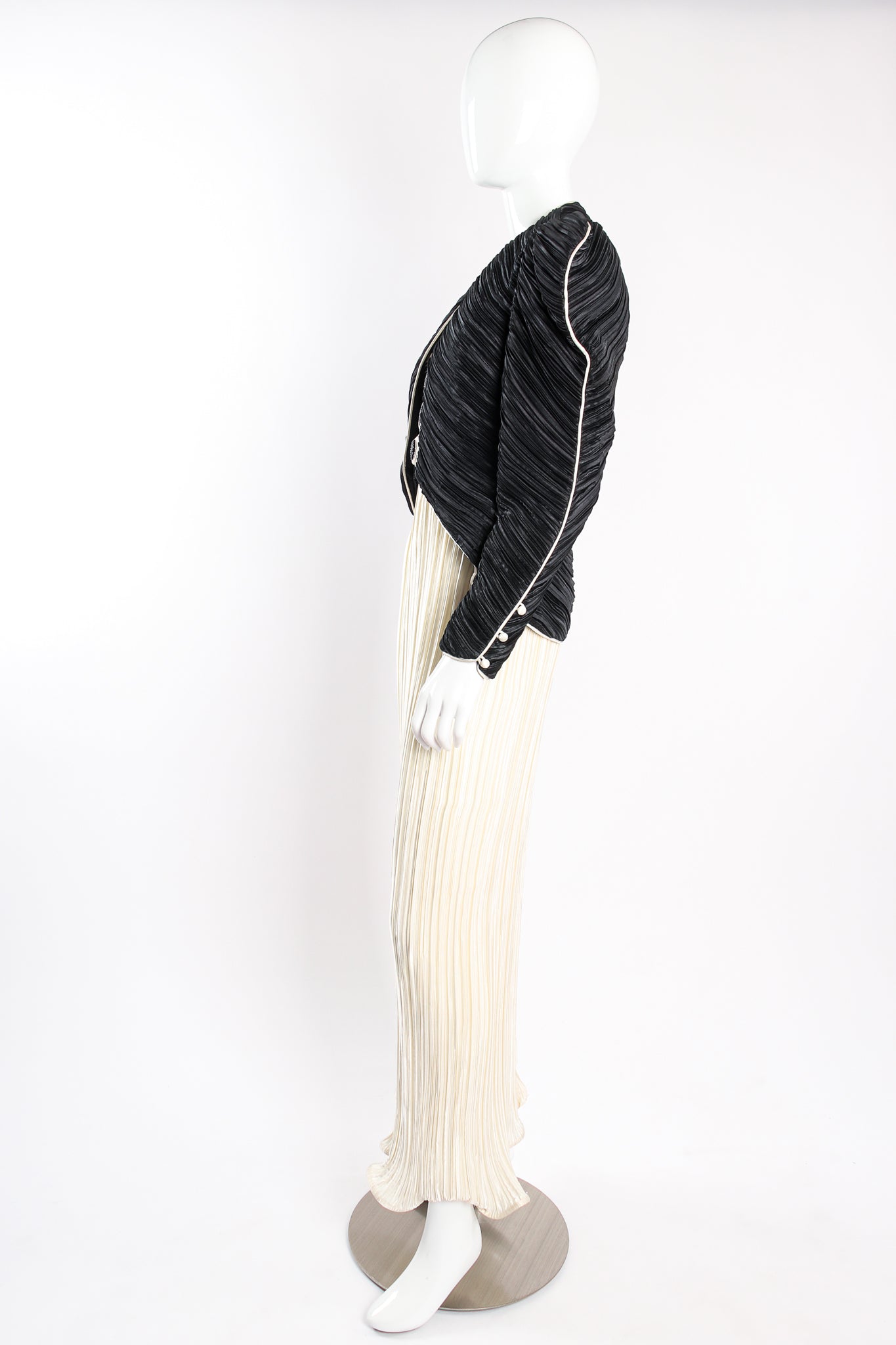 Vintage Milli Pleated Halter Sheath Gown & Jacket Set on Mannequin side at Recess Los Angeles