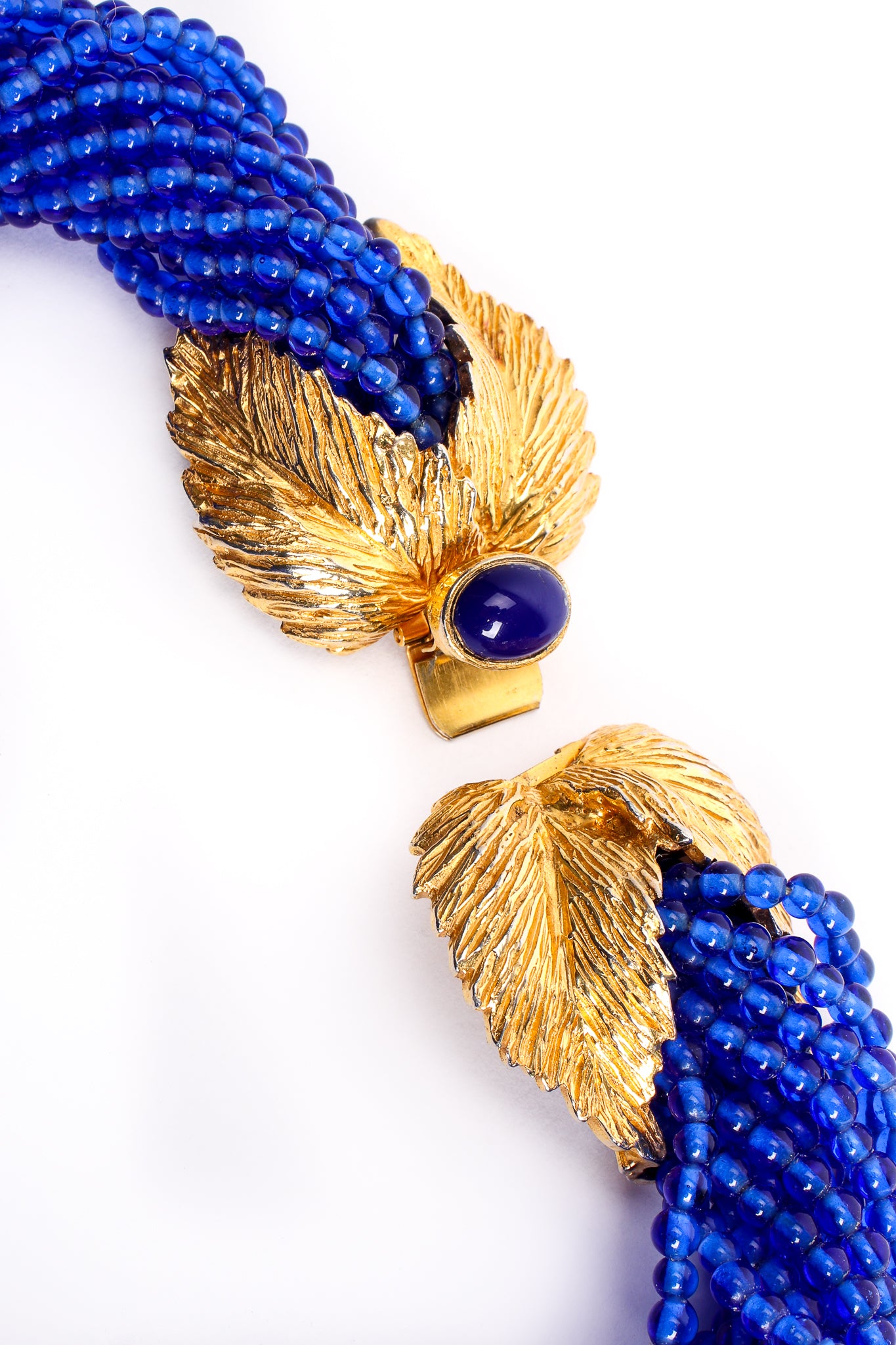 Vintage Mimi Di N Beaded Cobalt Leaf Collar Necklace clasp at Recess Los Angeles
