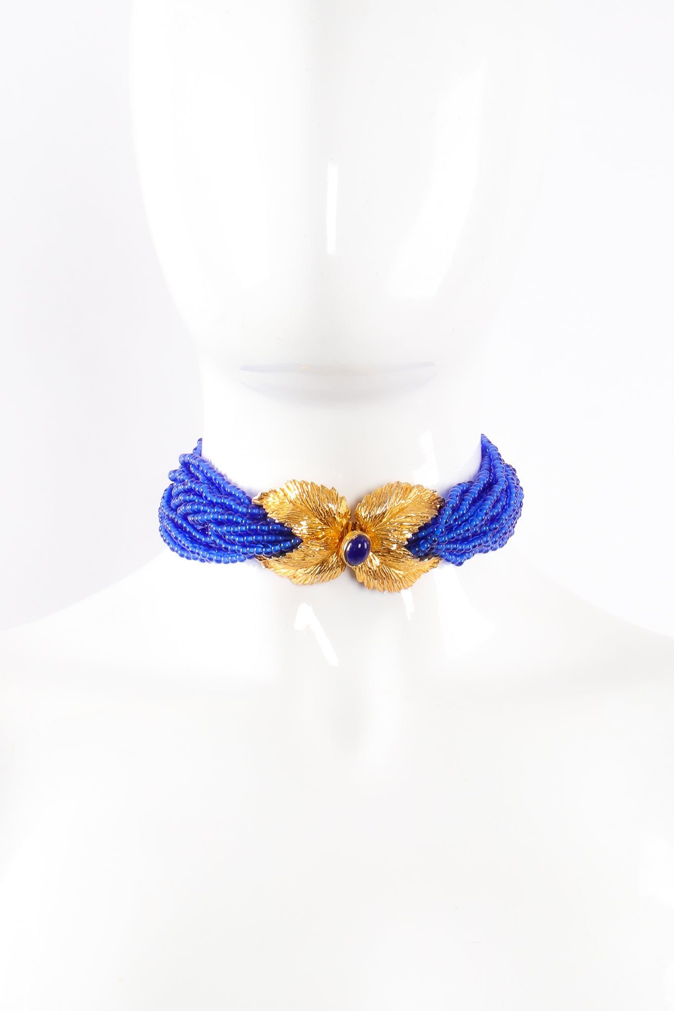 Vintage Mimi Di N Beaded Cobalt Leaf Collar Necklace on mannequin at Recess Los Angeles