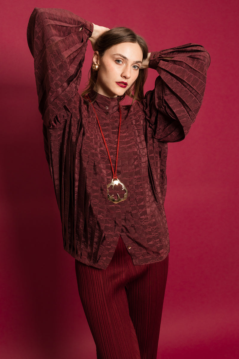 Vintage Gucci 1980s Silk Accordion Pleat Blouse on Model @ Recess LA