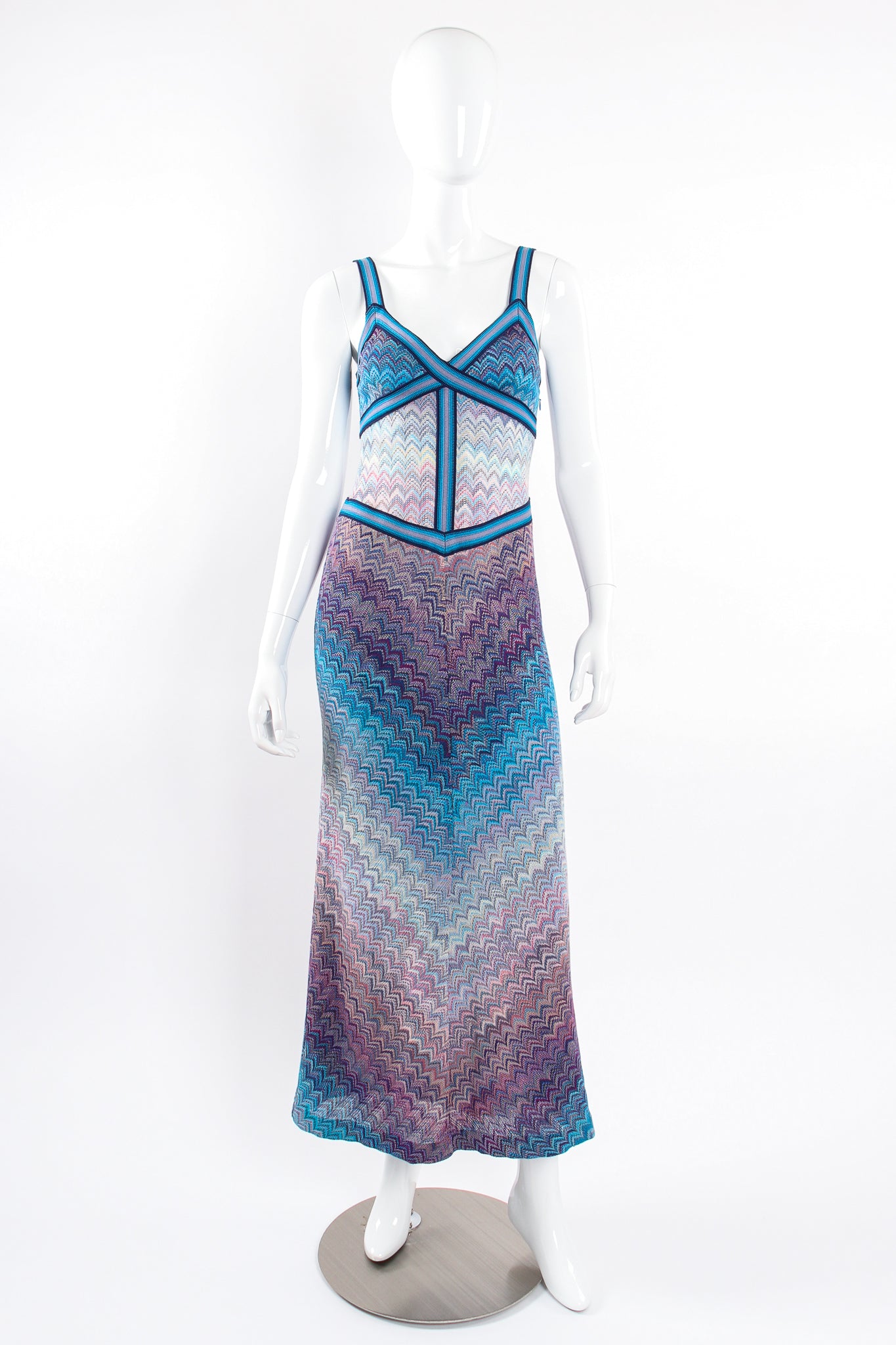 Vintage Missoni Ombre Chevron Fiamma Knit Triangle Dress on Mannequin front @ Recess LA