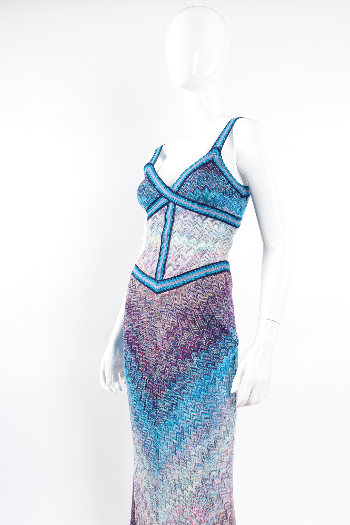 Vintage Missoni Ombre Chevron Fiamma Knit Triangle Dress on Mannequin front crop @ Recess LA