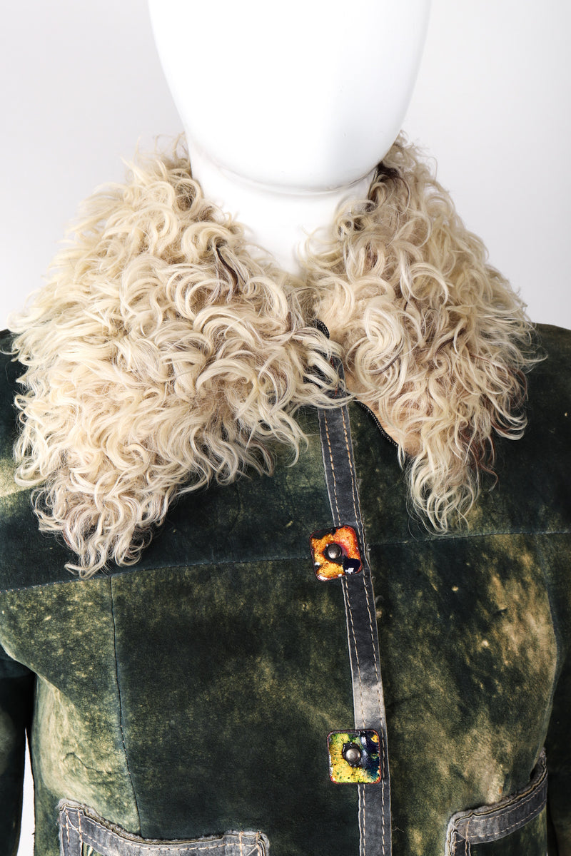 Recess Los Angeles Vintage Miura Marbleized Tie Dye Suede Green Fur Collar Jacket