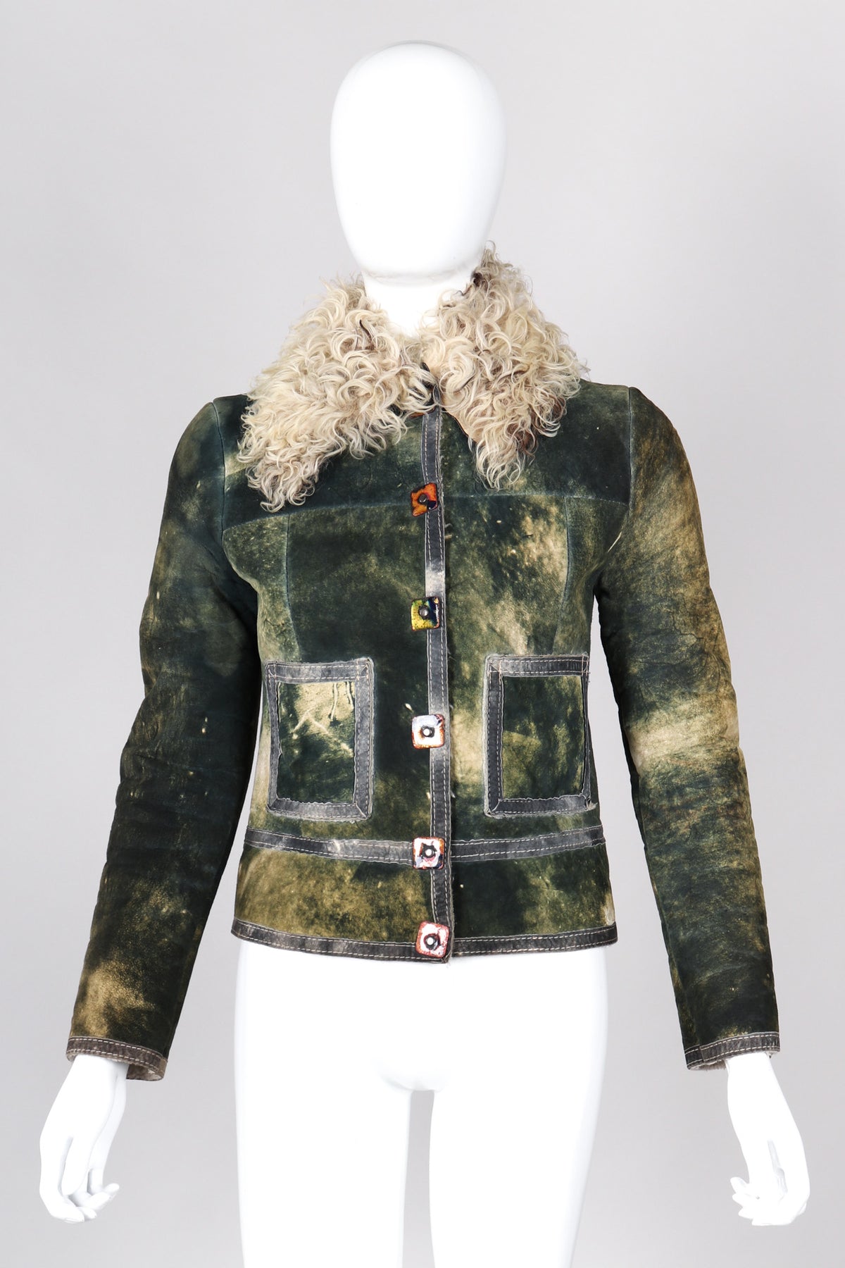 Vintage Miura Marbleized Tie Dye Suede Green Fur Collar