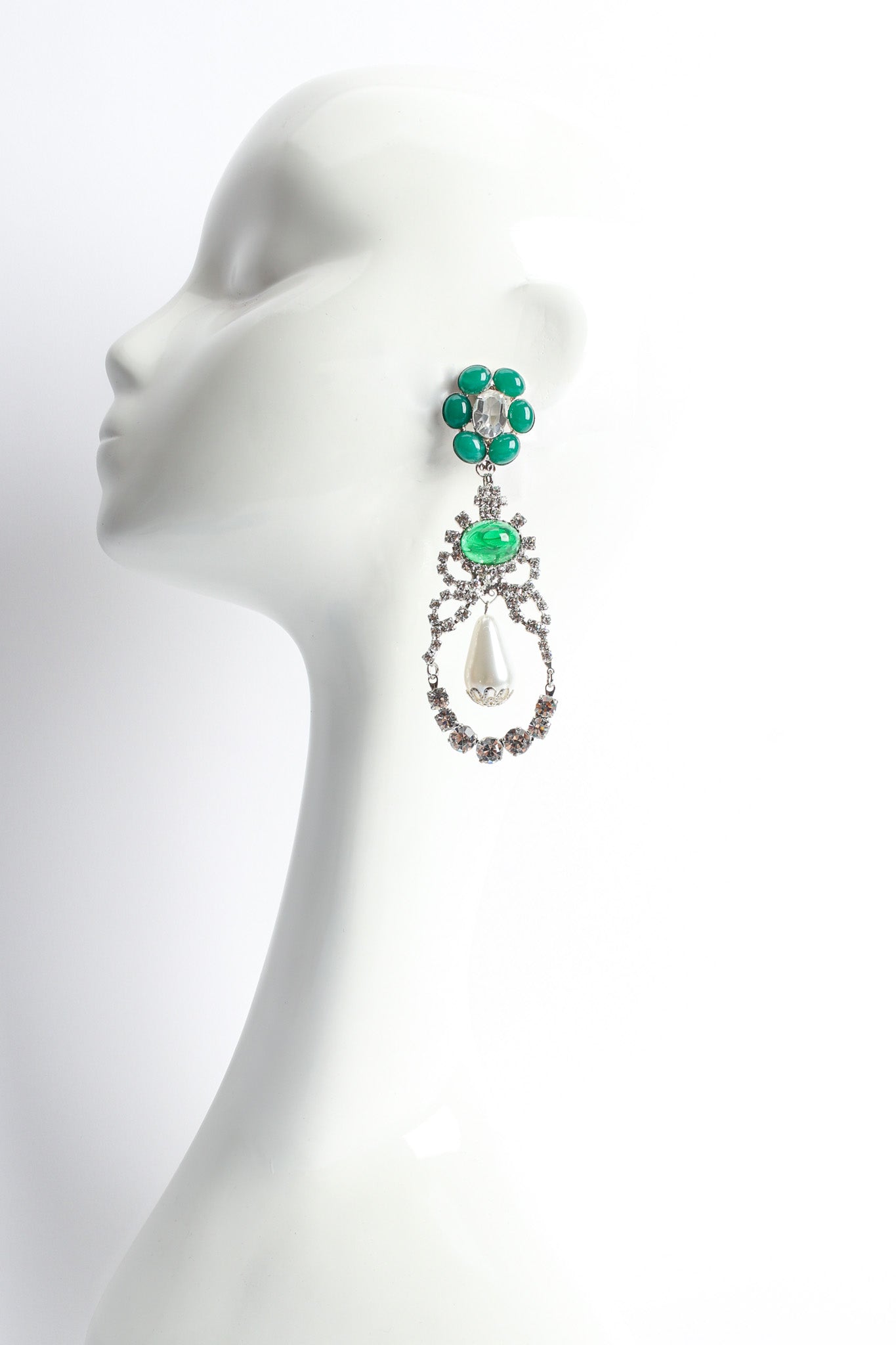 Vintage Moan Floral Crystal Pearl Earrings on mannequin @ Recess LA