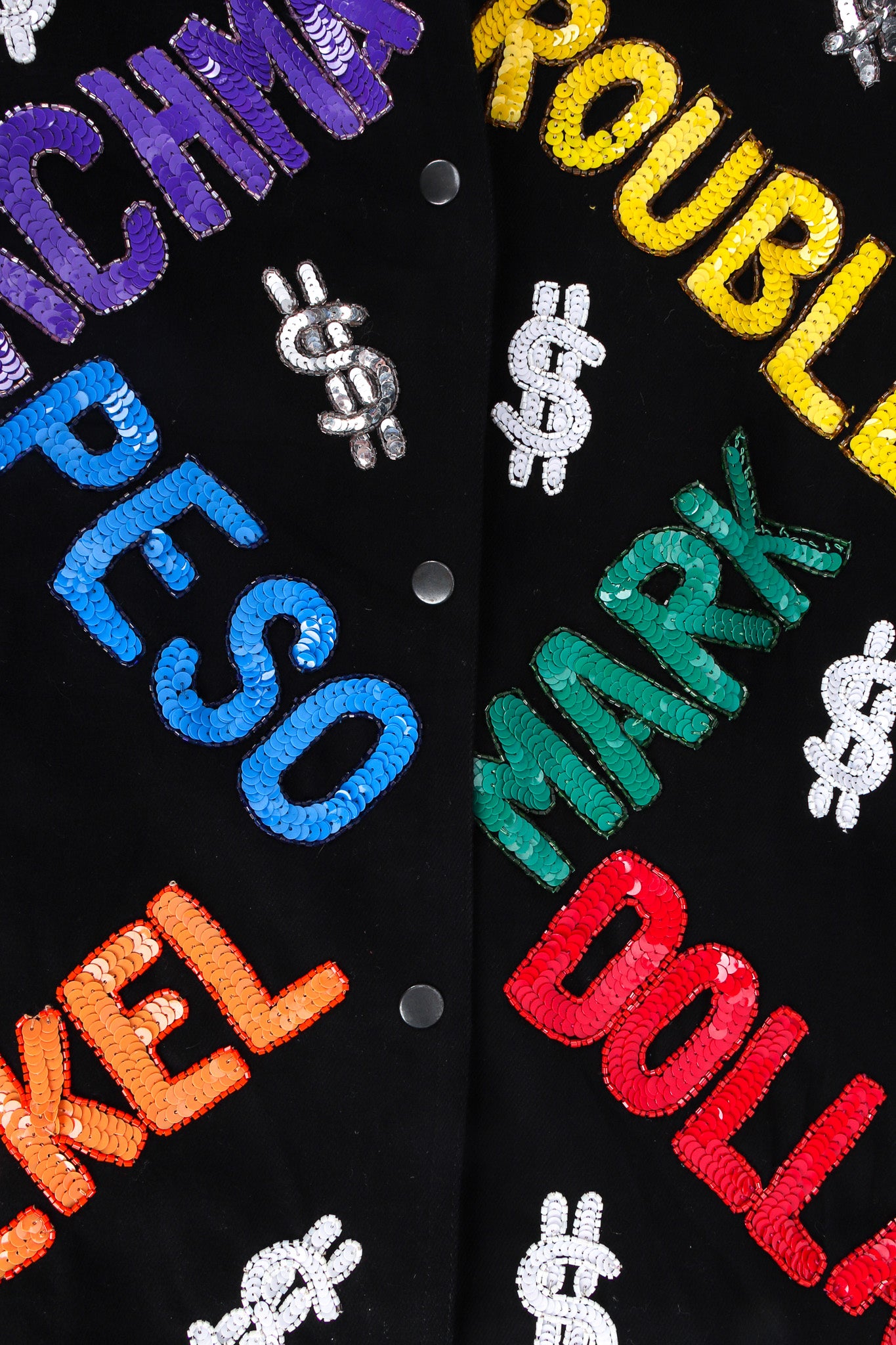 Vintage Modi World Currency Sequin Denim Jacket front close up @ Recess LA