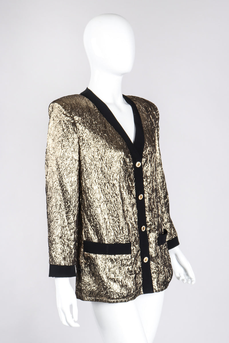 Recess Los Angeles Vintage Modica Gold Metallic Lamé Collarless Tuxedo Jacket Cardigan