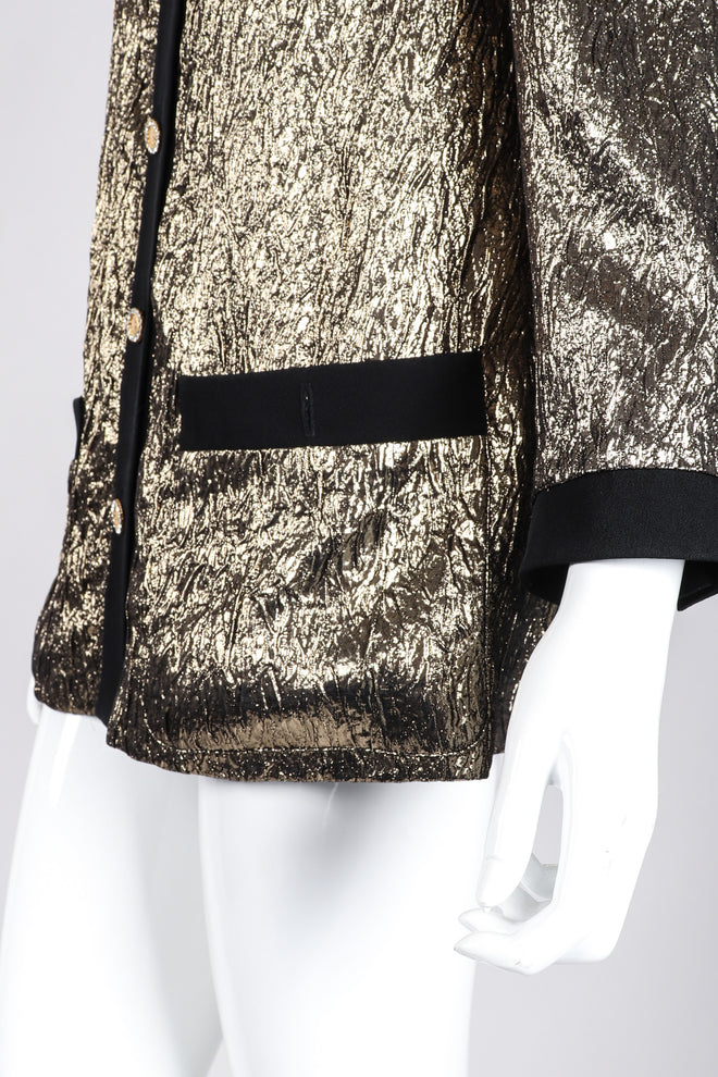 Recess Los Angeles Vintage Modica Gold Metallic Lamé Collarless Tuxedo Jacket Cardigan