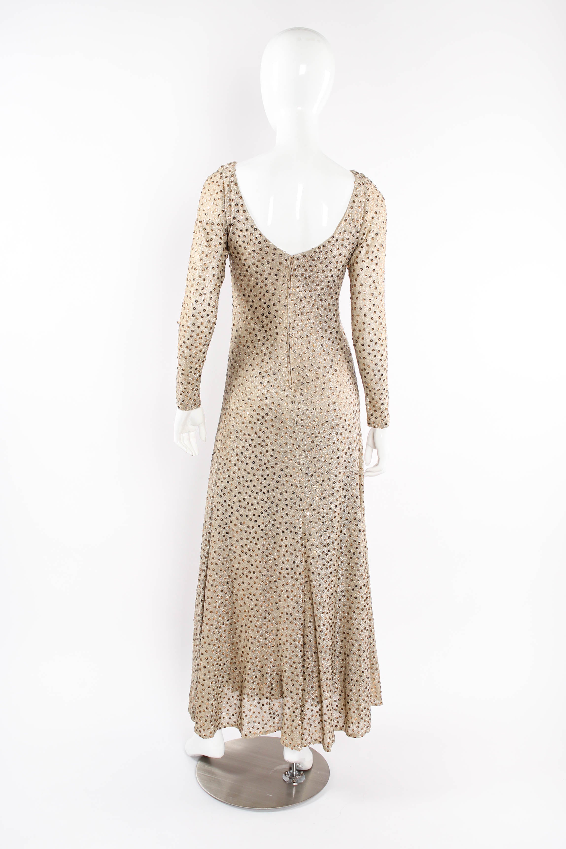 Vintage Mollie Parnis Zebrawood Sequined Metallic Midi Dress on mannequin back at Recess LA