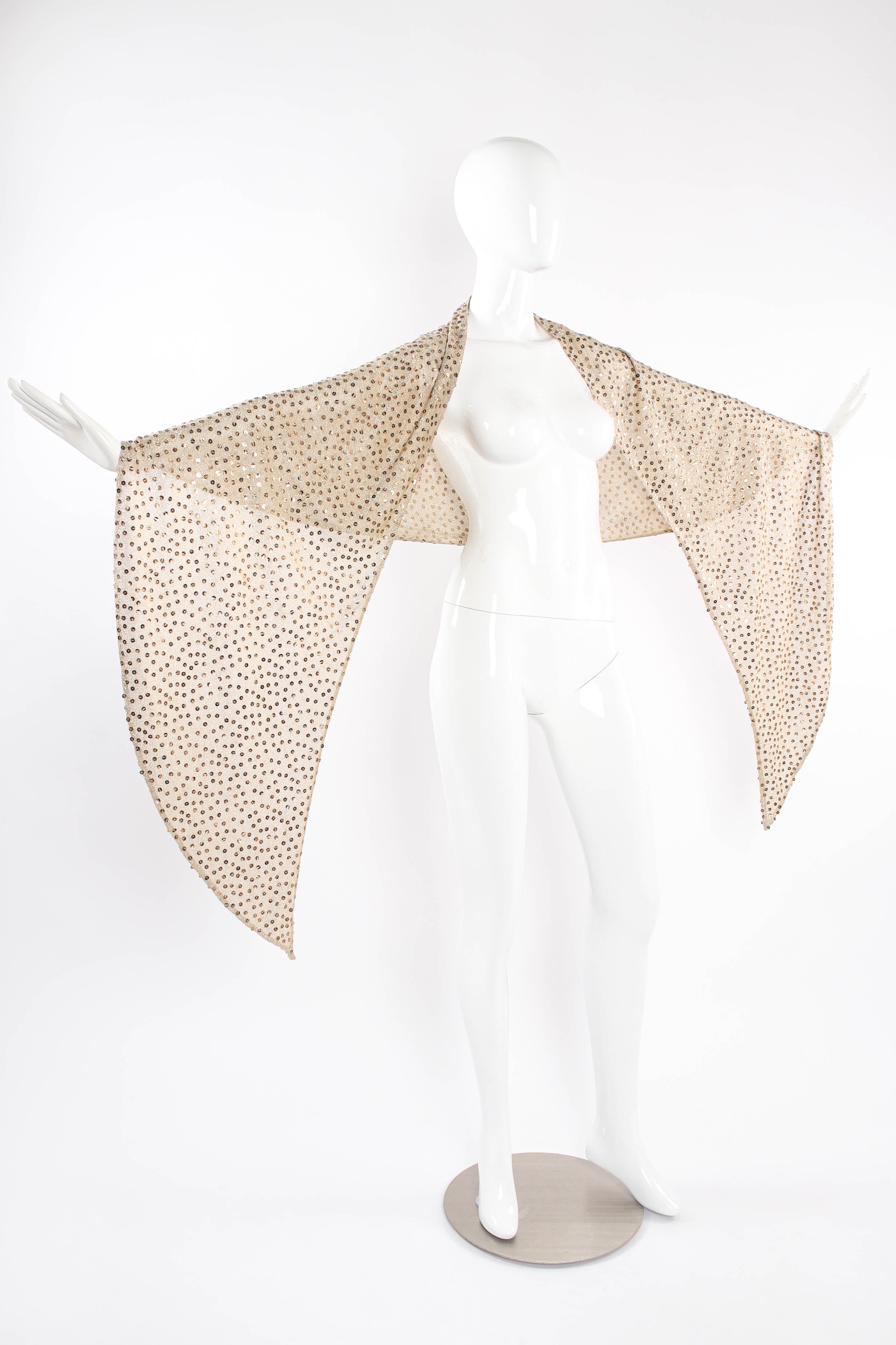 Vintage Mollie Parnis Zebrawood Sequined Metallic Shawl on mannequin front at Recess LA