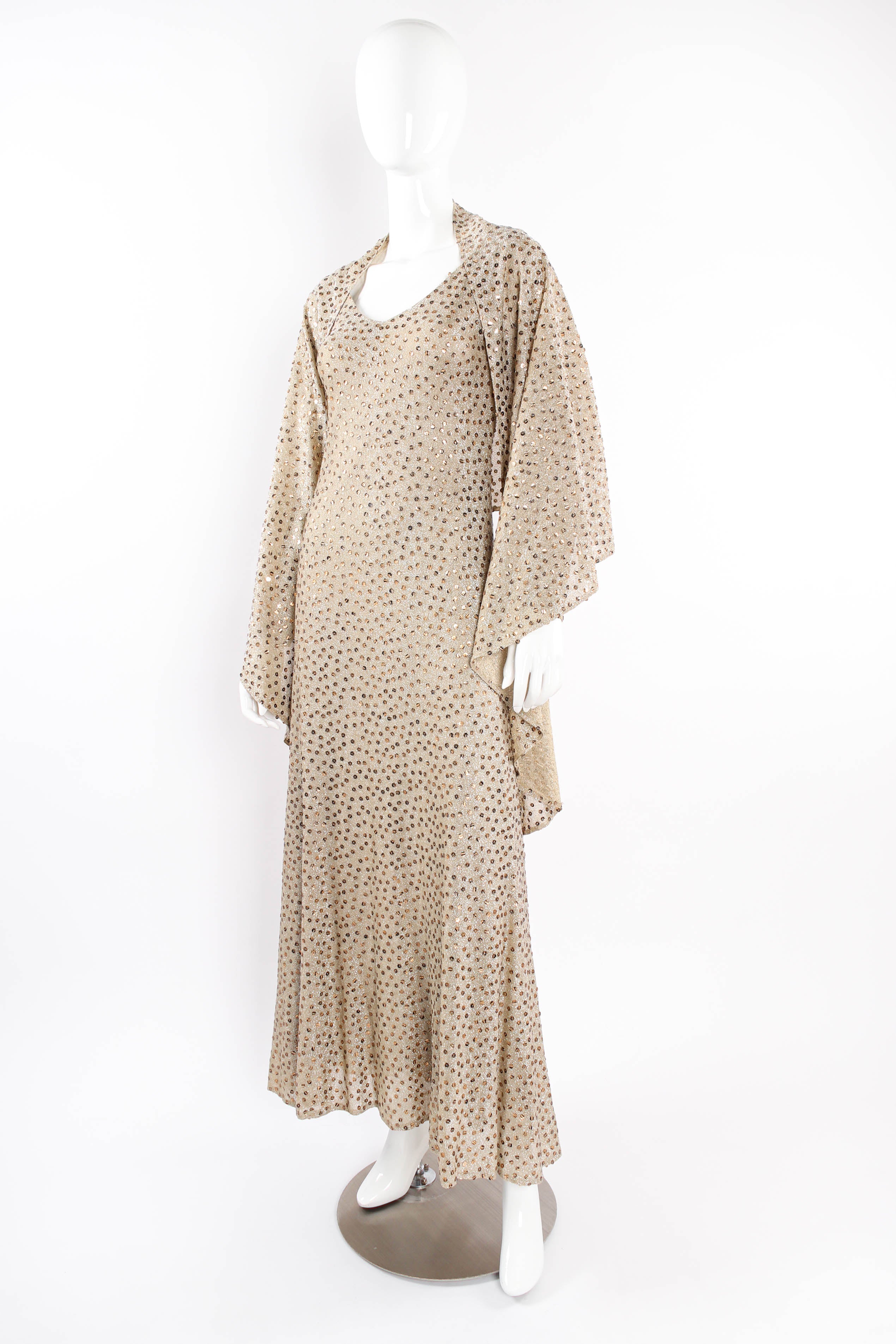 Vintage Mollie Parnis Zebrawood Sequined Metallic Midi Dress & Shawl Set on mannequin at Recess LA