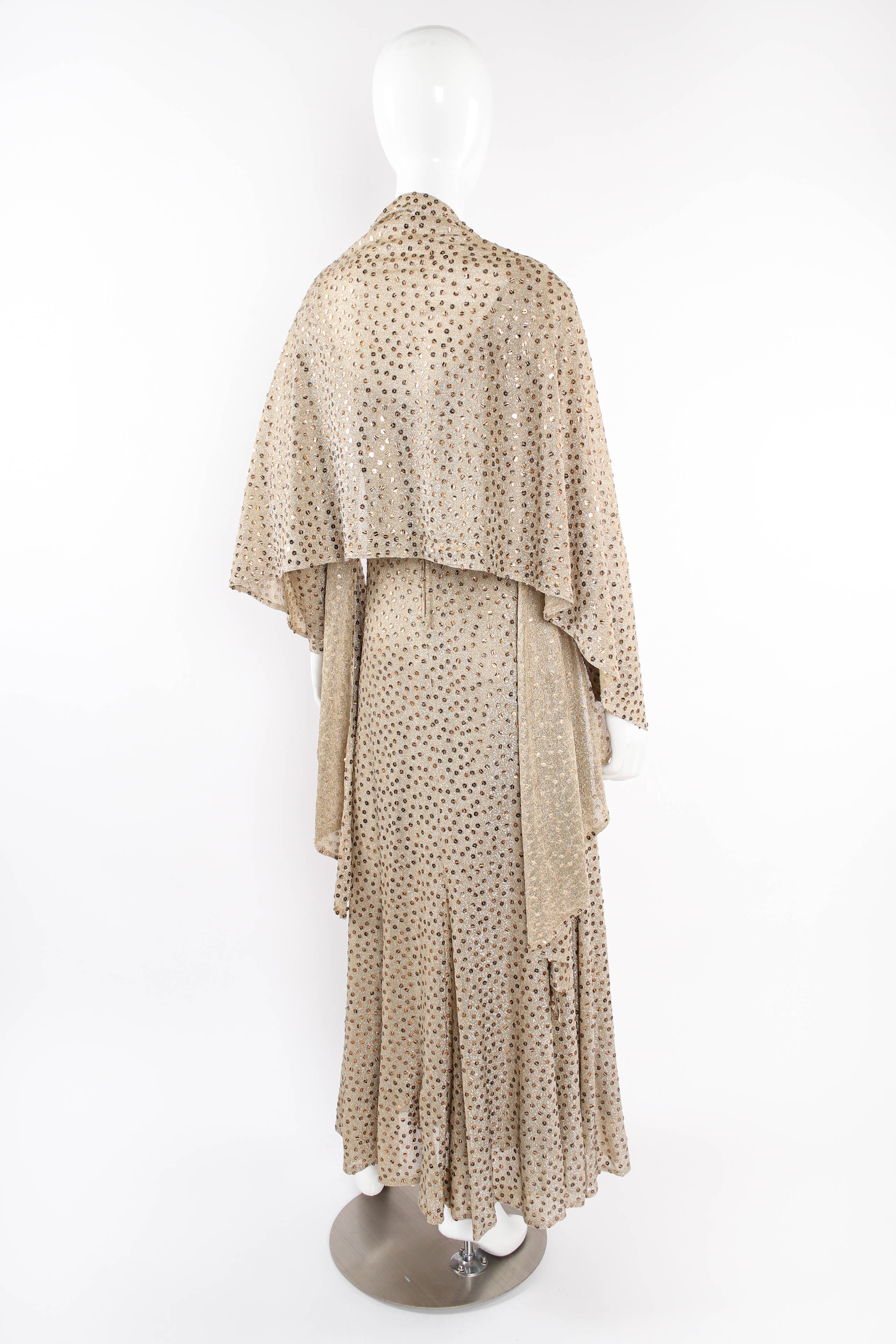 Vintage Mollie Parnis Zebrawood Sequined Metallic Midi Dress & Shawl Set on mannequin back at Recess LA