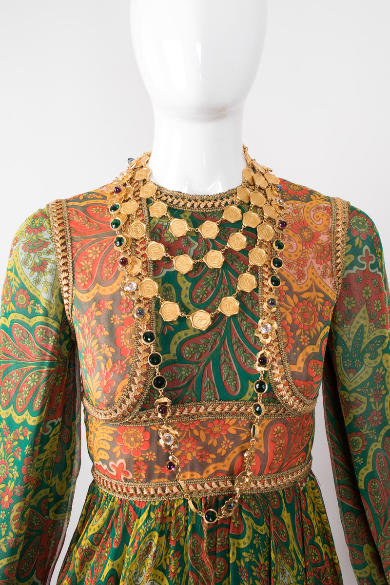 Mollie Parnis Vintage Boho Peasant Floral Print Silk Bodice Dress