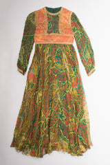 Mollie Parnis Vintage Boho Peasant Floral Print Silk Bodice Dress