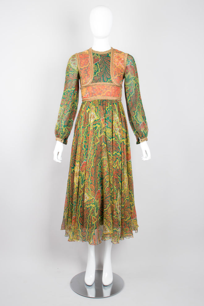 Mollie Parnis Vintage Boho Peasant Floral Print Silk Bodice Dress
