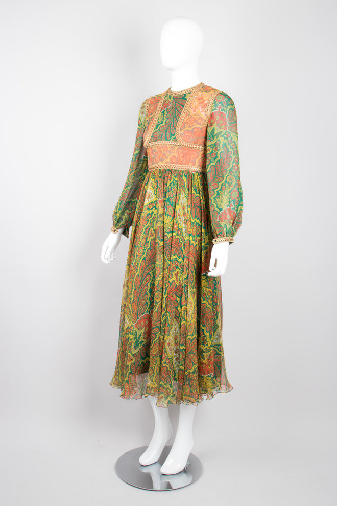 Mollie Parnis Vintage Boho Peasant Floral Print Silk Bodice Dress