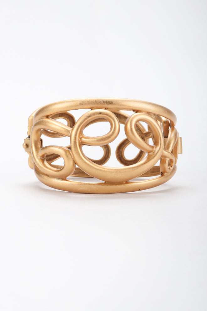 Recess Designer Consignment Vintage Monet Brushed Matte Gold Swirl Cage Cuff Bracelet Los Angeles Resale