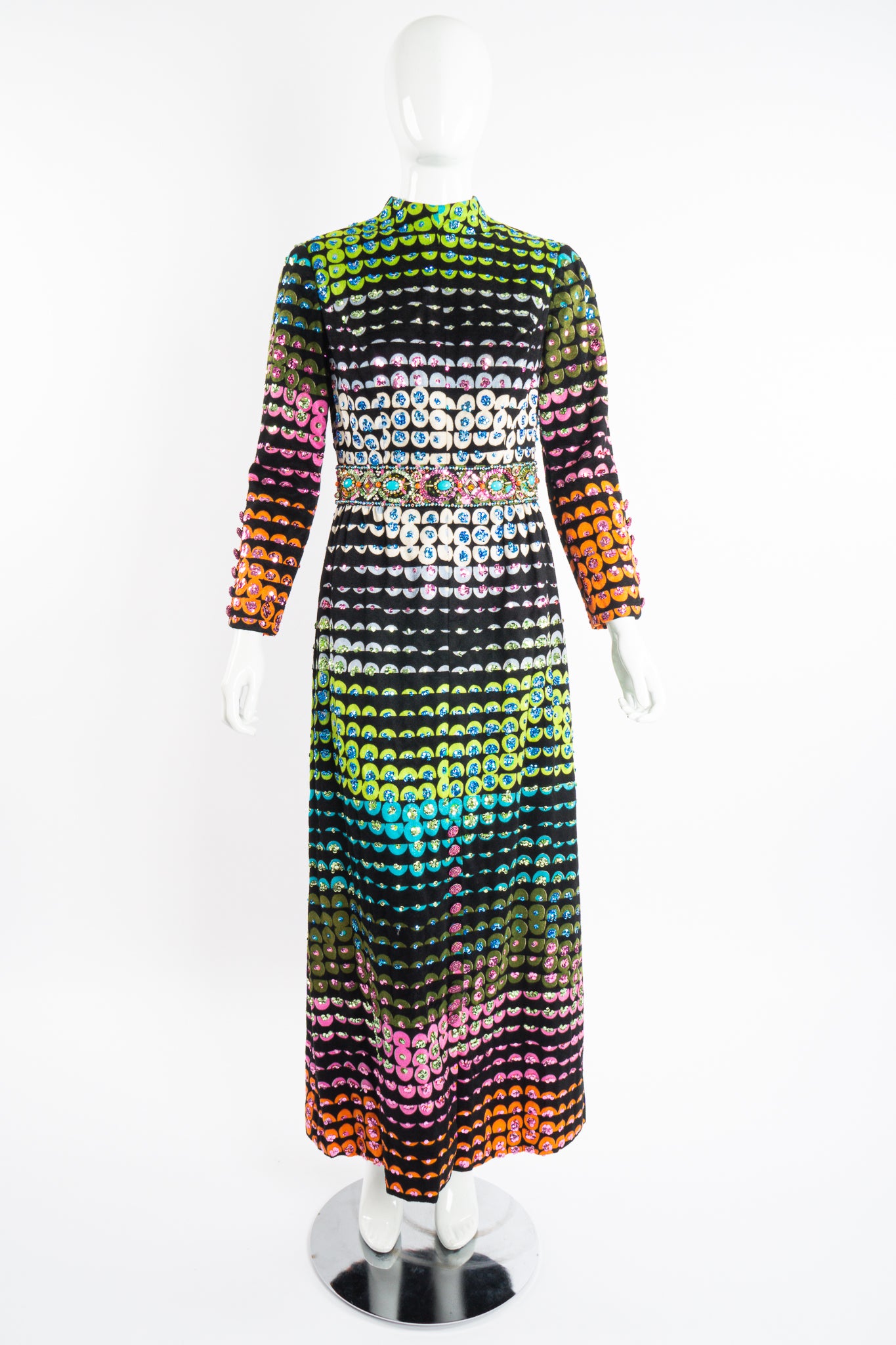 Vintage Montaldo's Graphic Rainbow Sequin Velveteen Dress on Mannequin front at Recess LA