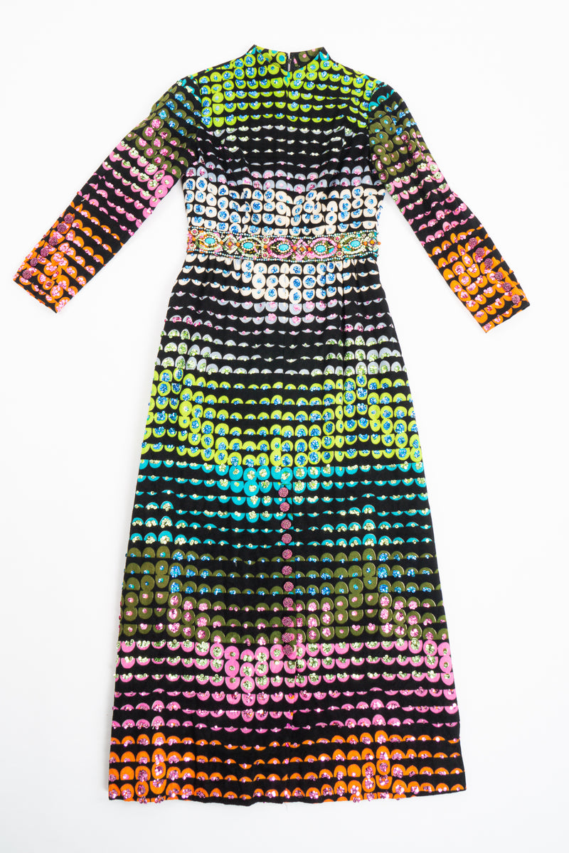 Vintage Montaldo's Graphic Rainbow Sequin Velveteen Dress flat at Recess LA