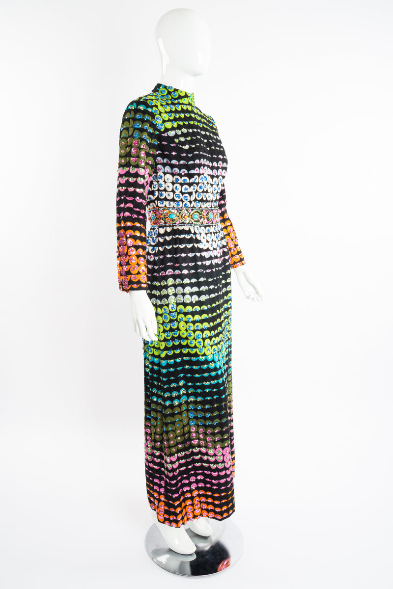 Vintage Montaldo's Graphic Rainbow Sequin Velveteen Dress on Mannequin angle at Recess LA