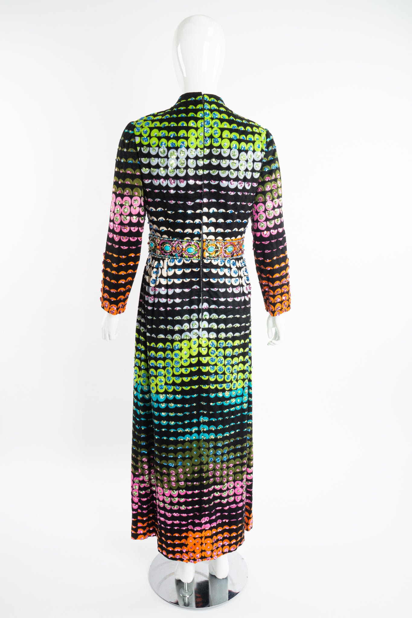 Vintage Montaldo's Graphic Rainbow Sequin Velveteen Dress on Mannequin back at Recess LA