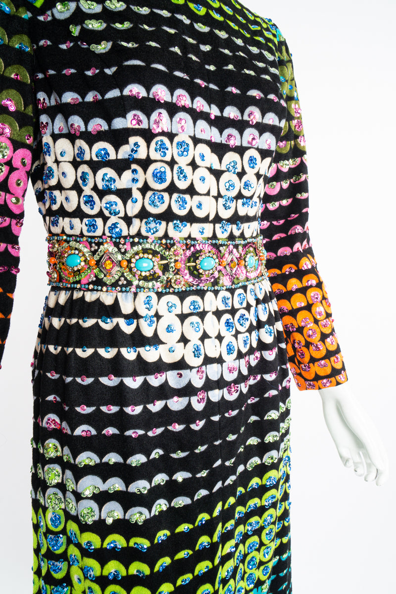 Vintage Montaldo's Graphic Rainbow Sequin Velveteen Dress on Mannequin waist at Recess LA