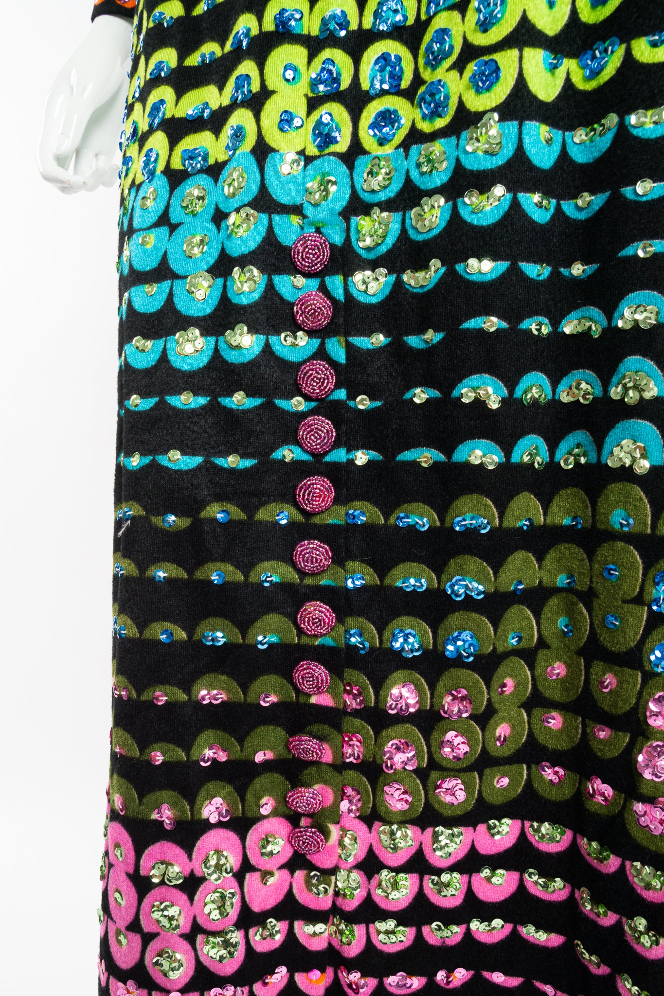 Vintage Montaldo's Graphic Rainbow Sequin Velveteen Dress on Mannequin buttons at Recess LA