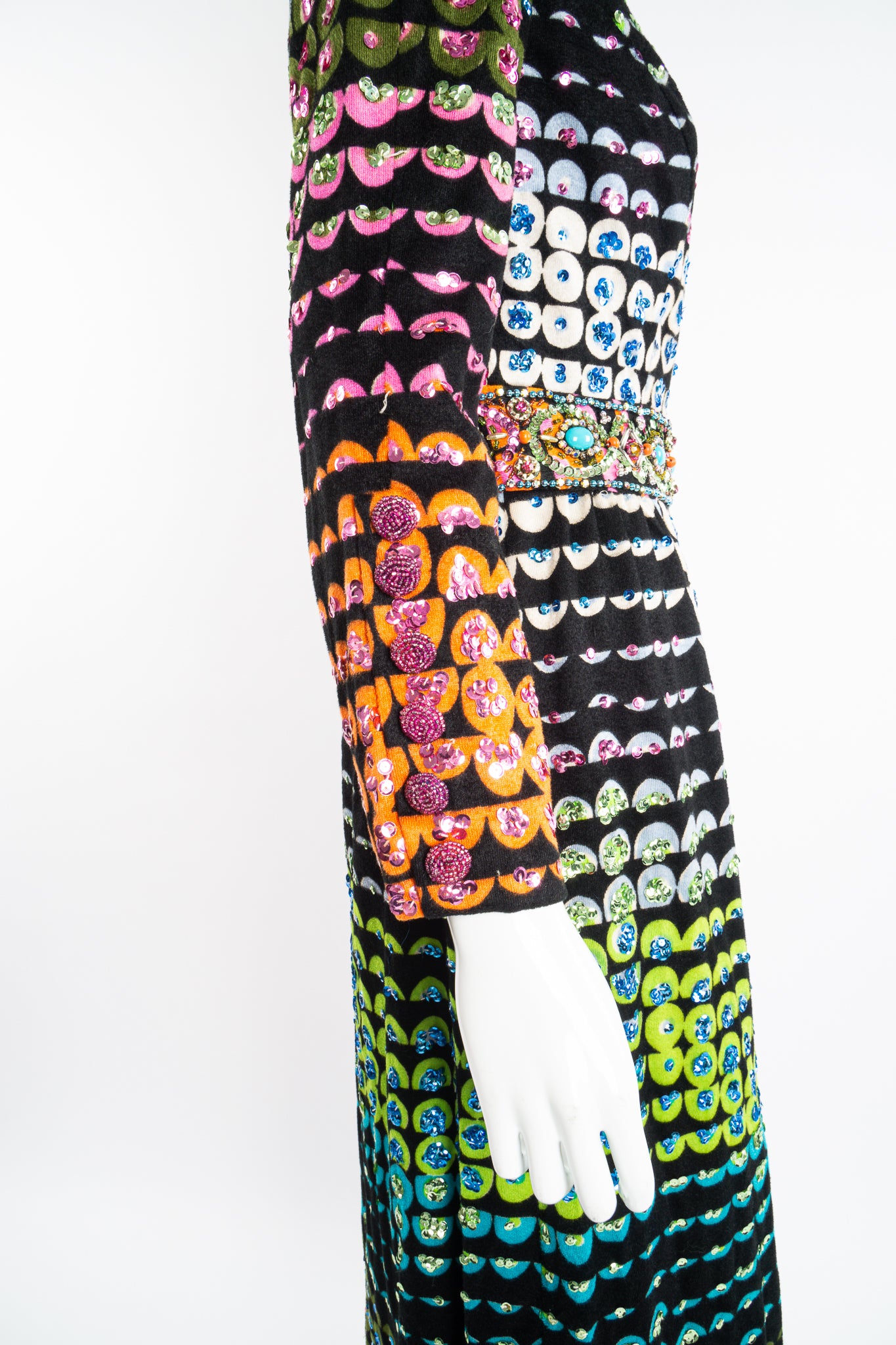 Vintage Montaldo's Graphic Rainbow Sequin Velveteen Dress on Mannequin sleeve at Recess LA