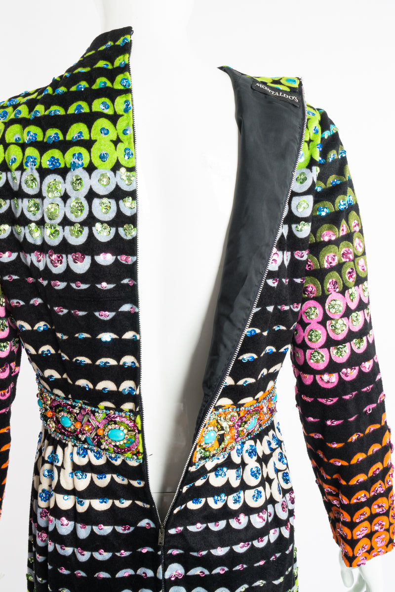 Vintage Montaldo's Graphic Rainbow Sequin Velveteen Dress on Mannequin back zip at Recess LA