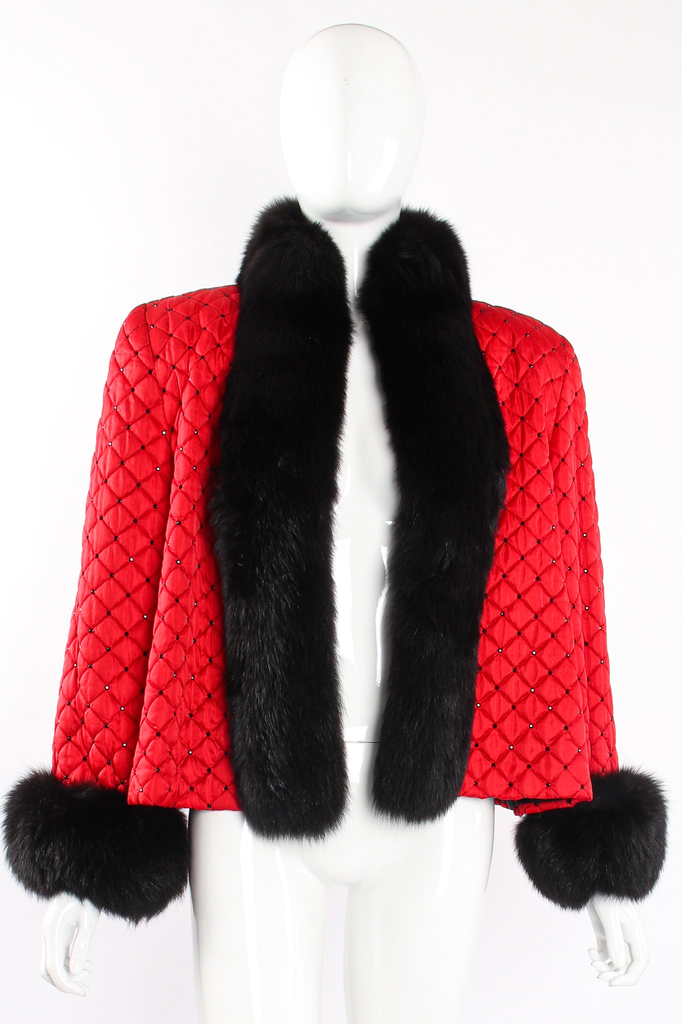 Vintage Montaldos Quilted Fur Trim Swing Jacket on Mannequin open at Recess Los Angeles