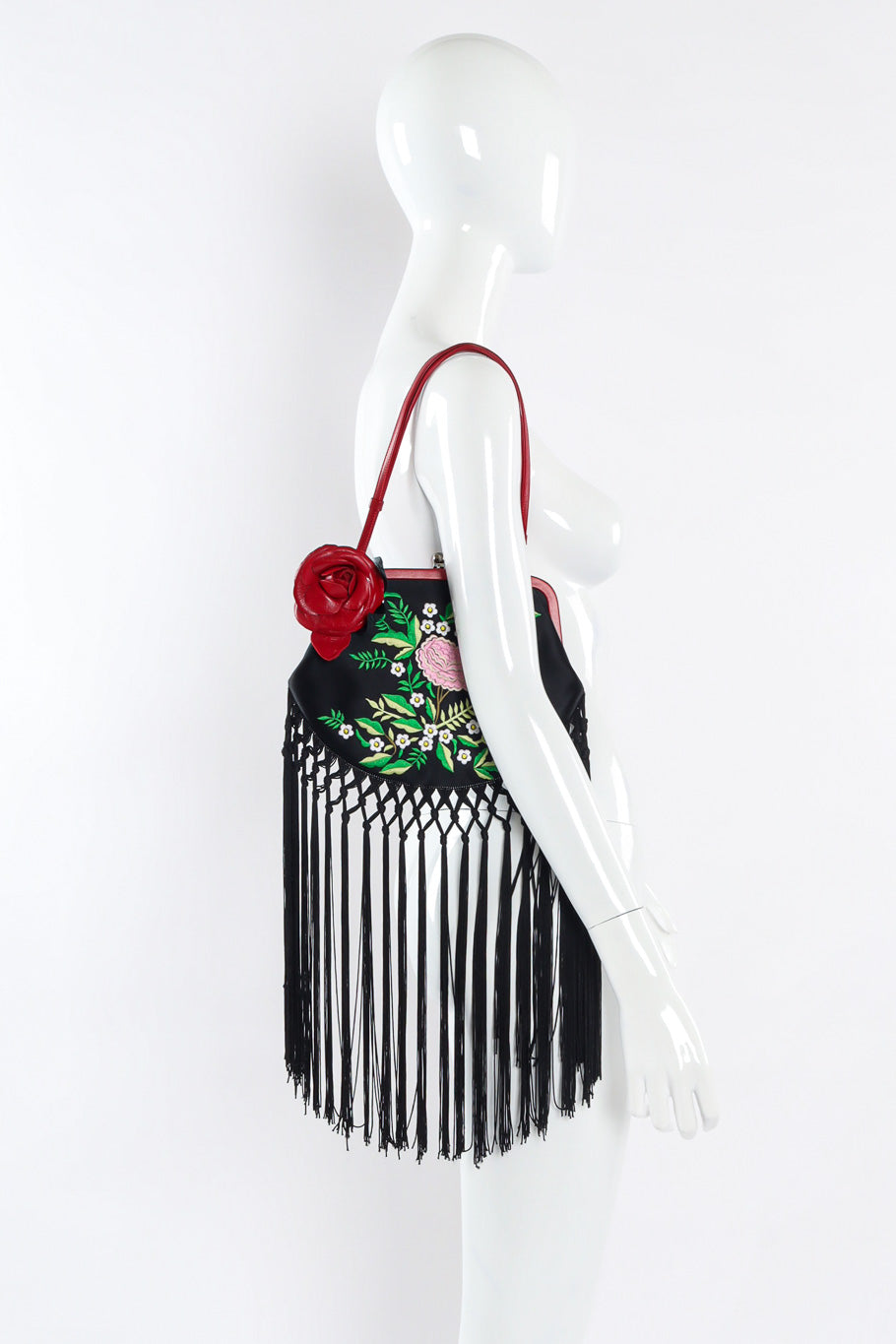 Vintage Moschino Embroidered Floral Fringe Shoulder Bag mannequin side @recessla