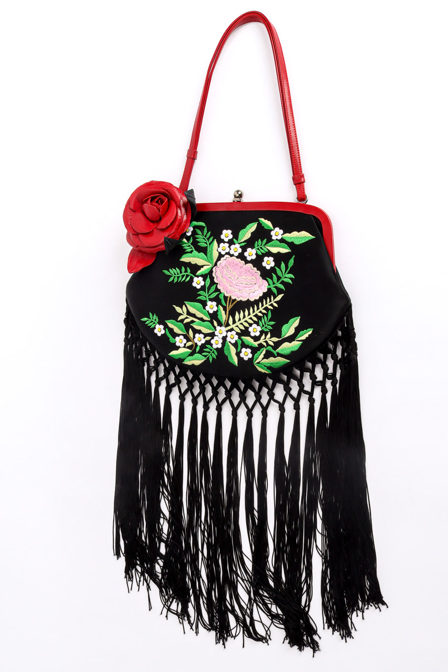Vintage Moschino Embroidered Floral Fringe Shoulder Bag front @recessla