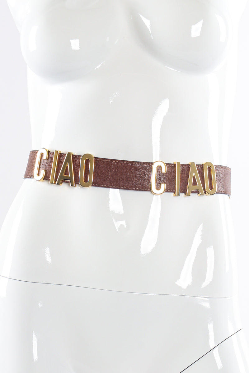 Vintage Moschino Ciao Ciao Ciao Leather Belt on mannequin at Recess Los Angeles
