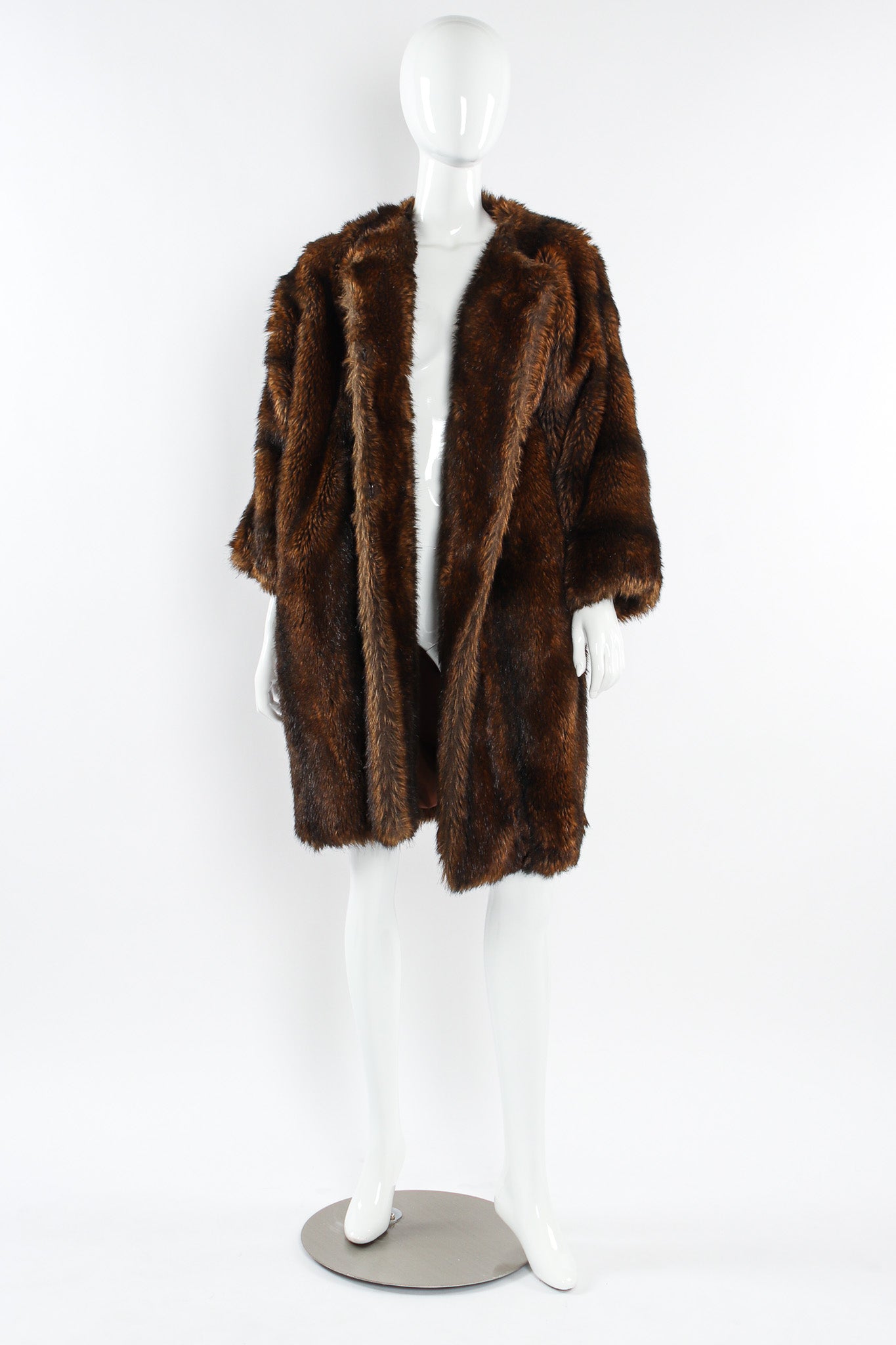 Vintage Moschino Fur For Fun Striped Faux Fur Coat mannequin front unbuttoned @ Recess LA