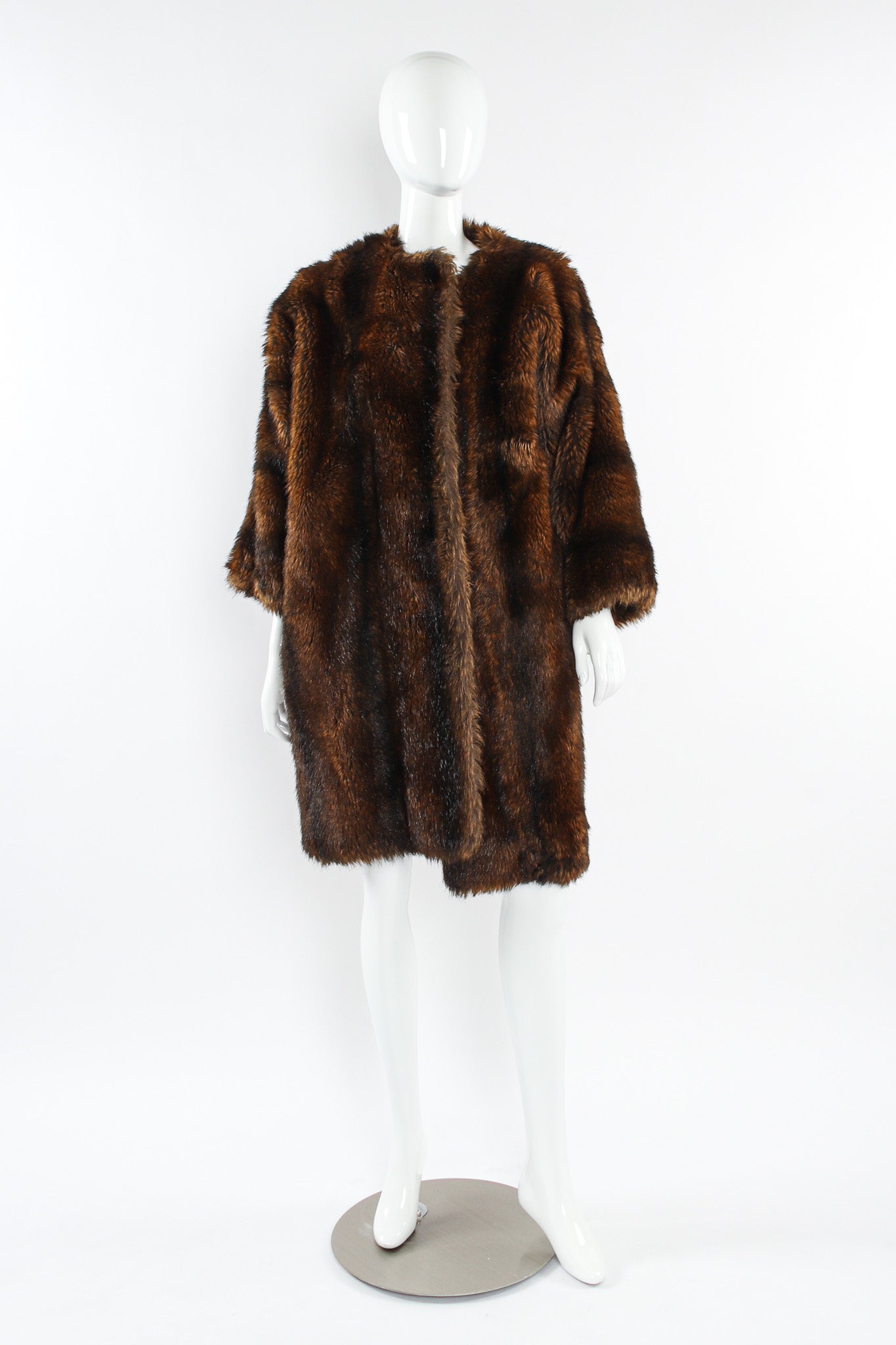 Vintage Moschino Fur For Fun Striped Faux Fur Coat mannequin front @ Recess LA
