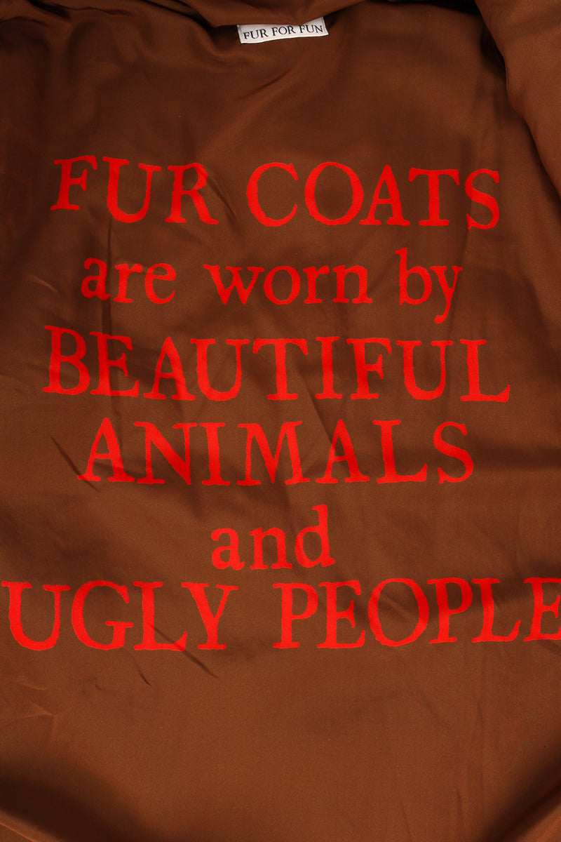 Vintage Moschino Fur For Fun Striped Faux Fur Coat quote lining @ Recess LA